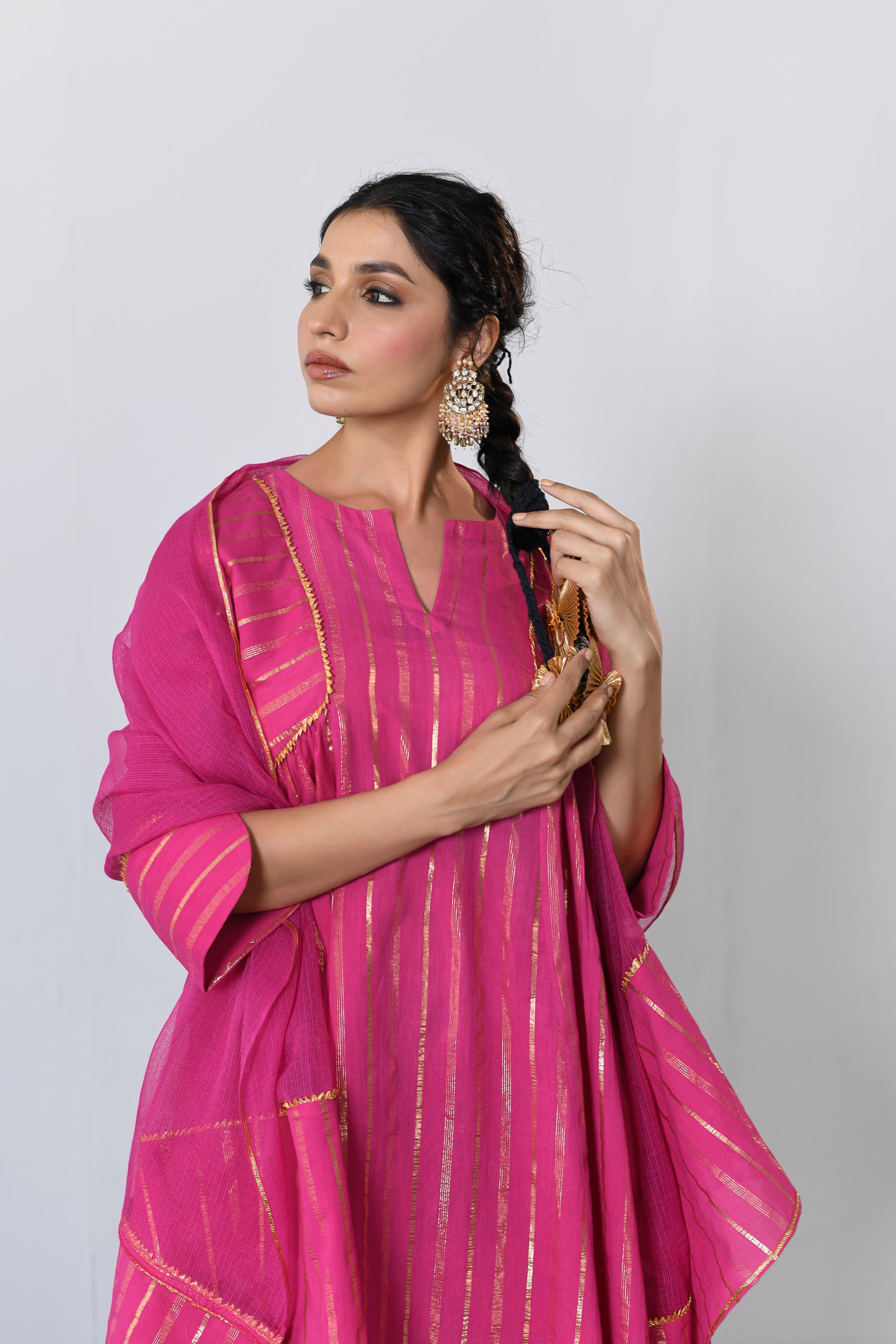 Pink Round Neck Lurex A-line Kurta with Pant and Dupatta