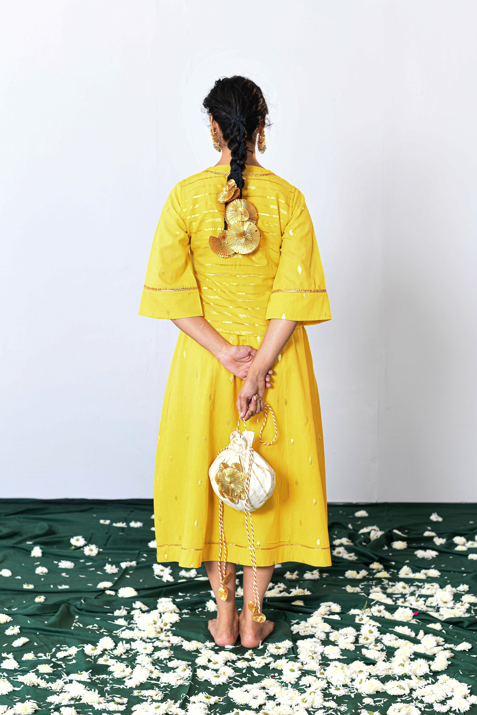 Swarna Yellow Lurex V-neck dress with Koti