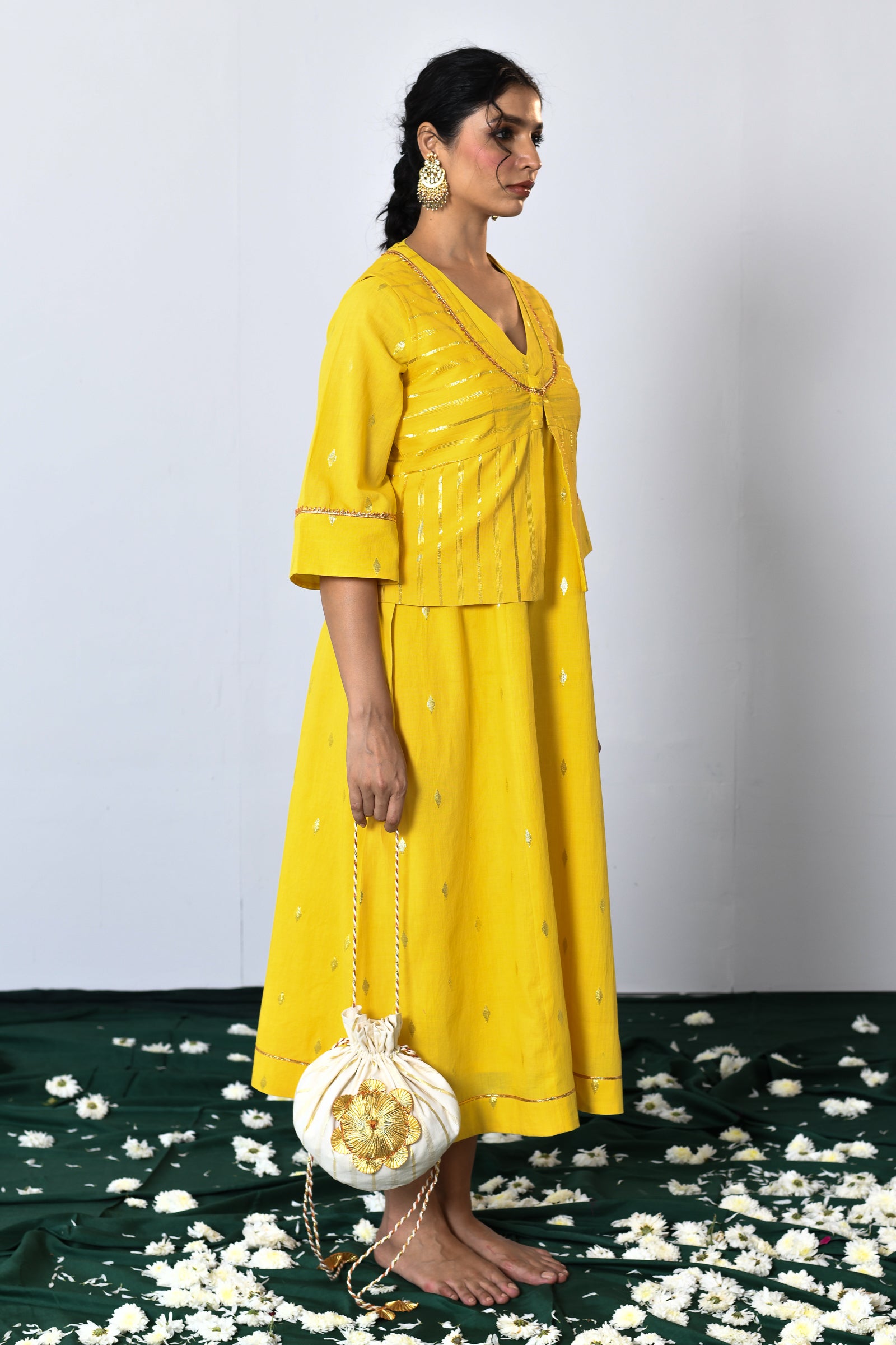 Swarna Yellow Lurex V-neck dress with Koti