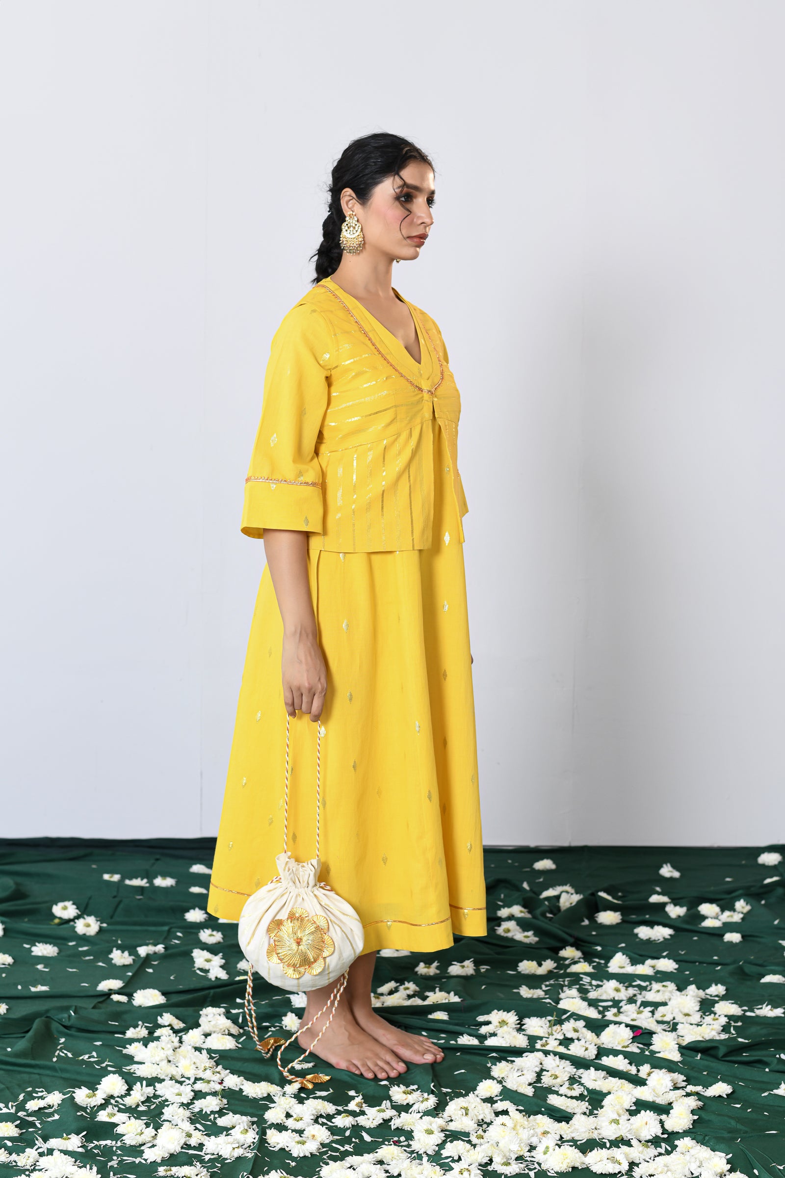 Swarna Yellow Lurex V-neck dress with Koti