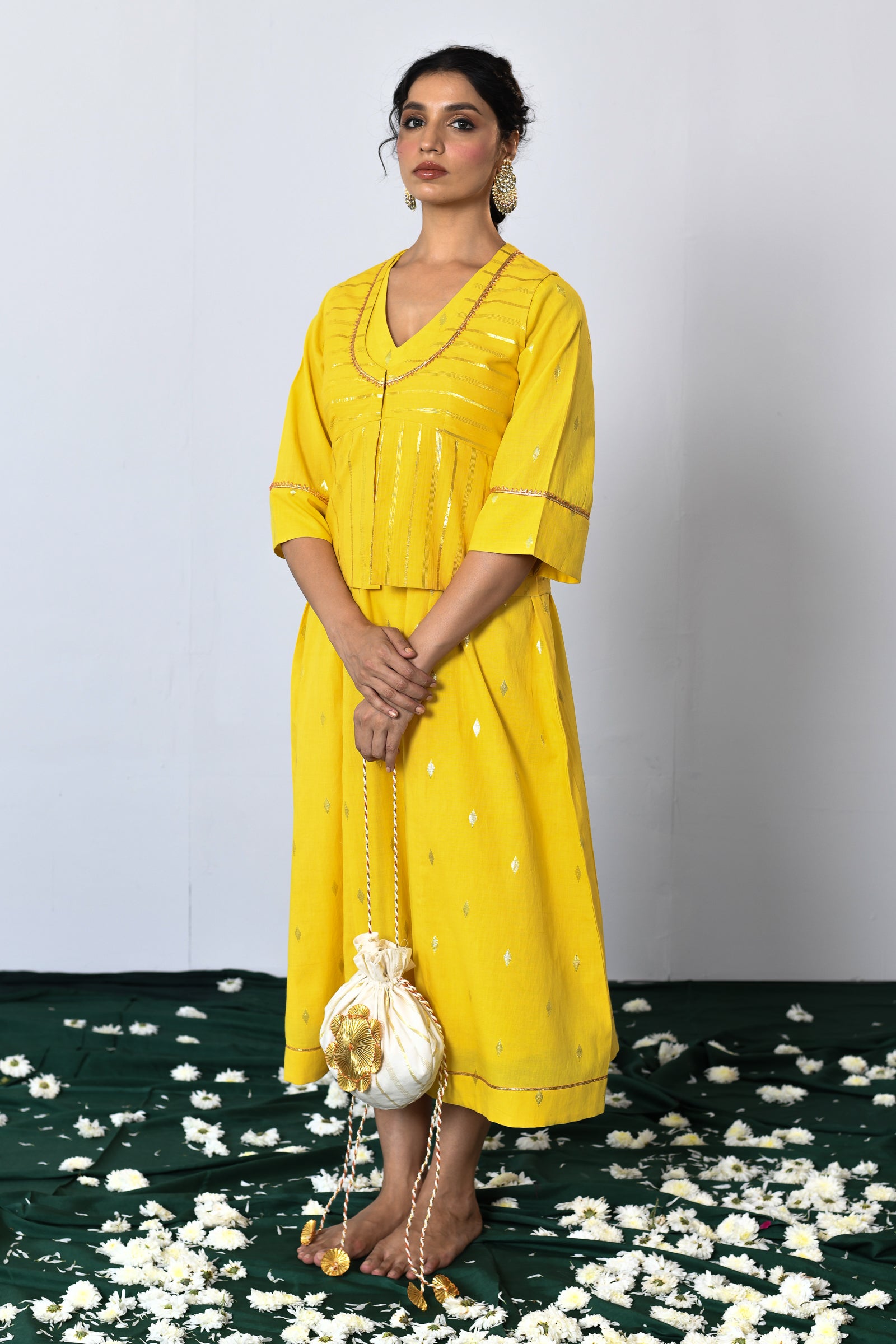 Swarna Yellow Lurex V-neck dress with Koti