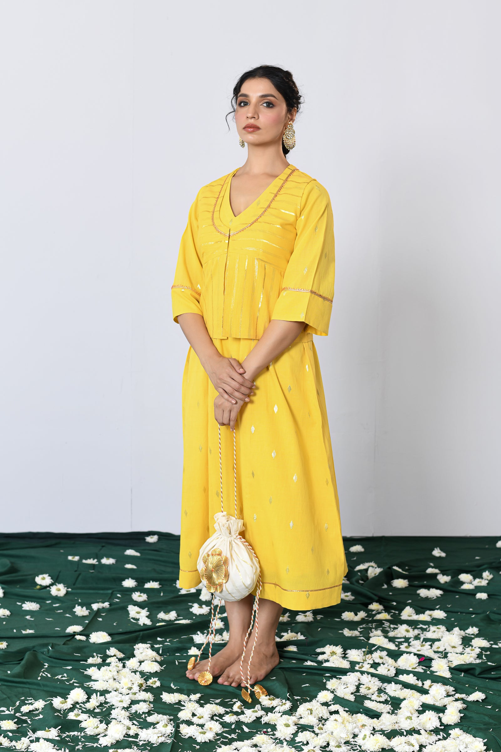 Swarna Yellow Lurex V-neck dress with Koti