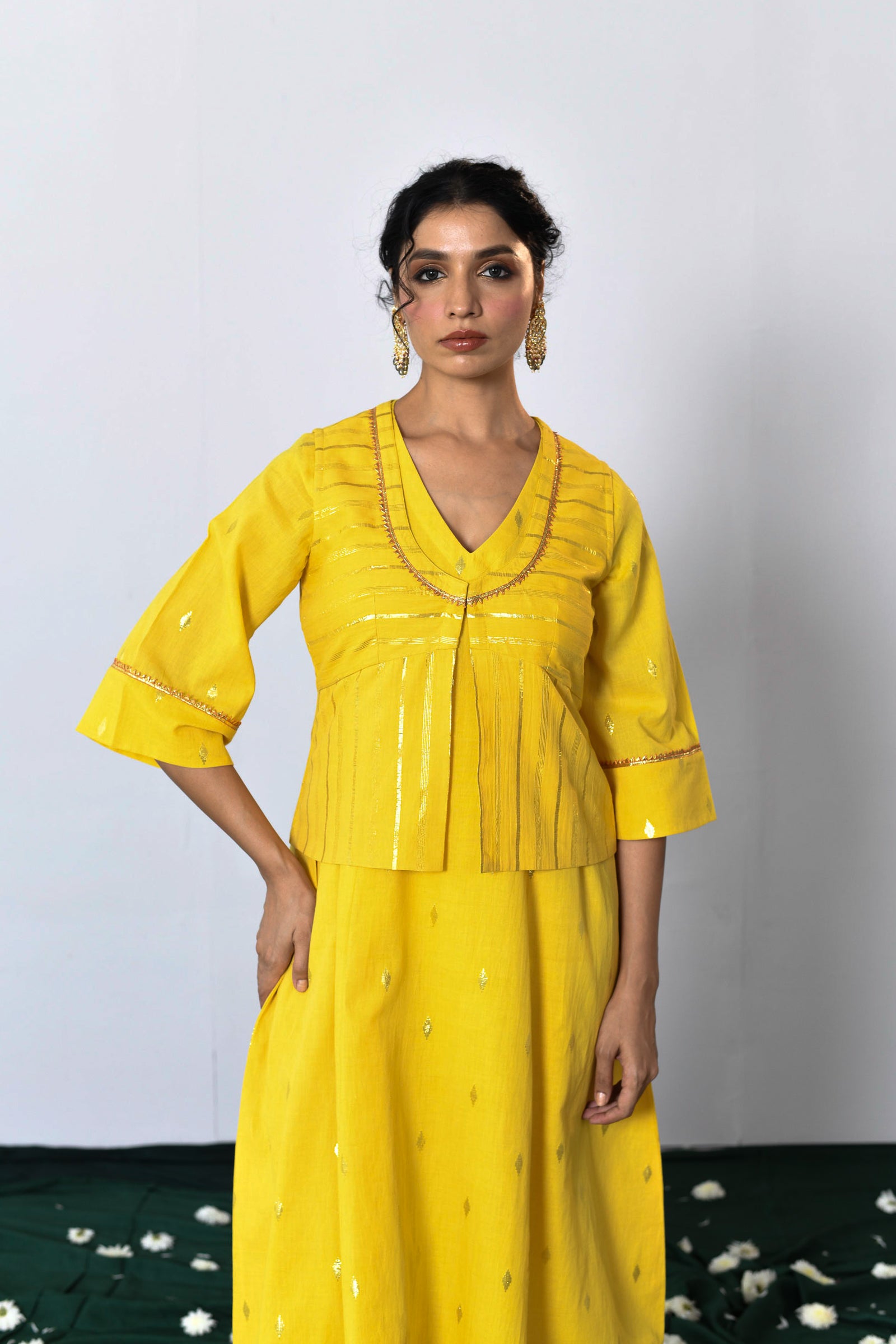 Swarna Yellow Lurex V-neck dress with Koti