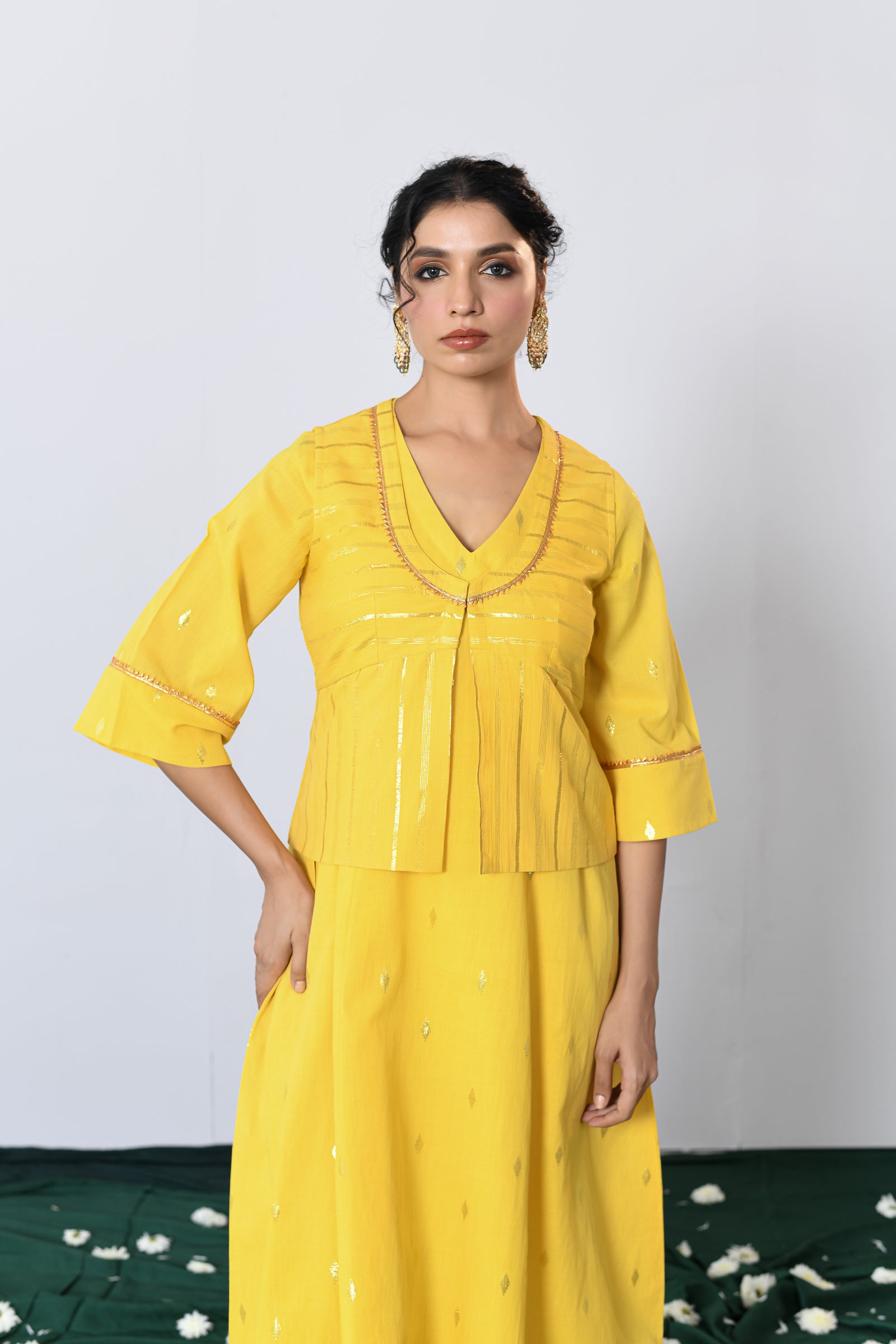 Swarna Yellow Lurex V-neck dress with Koti