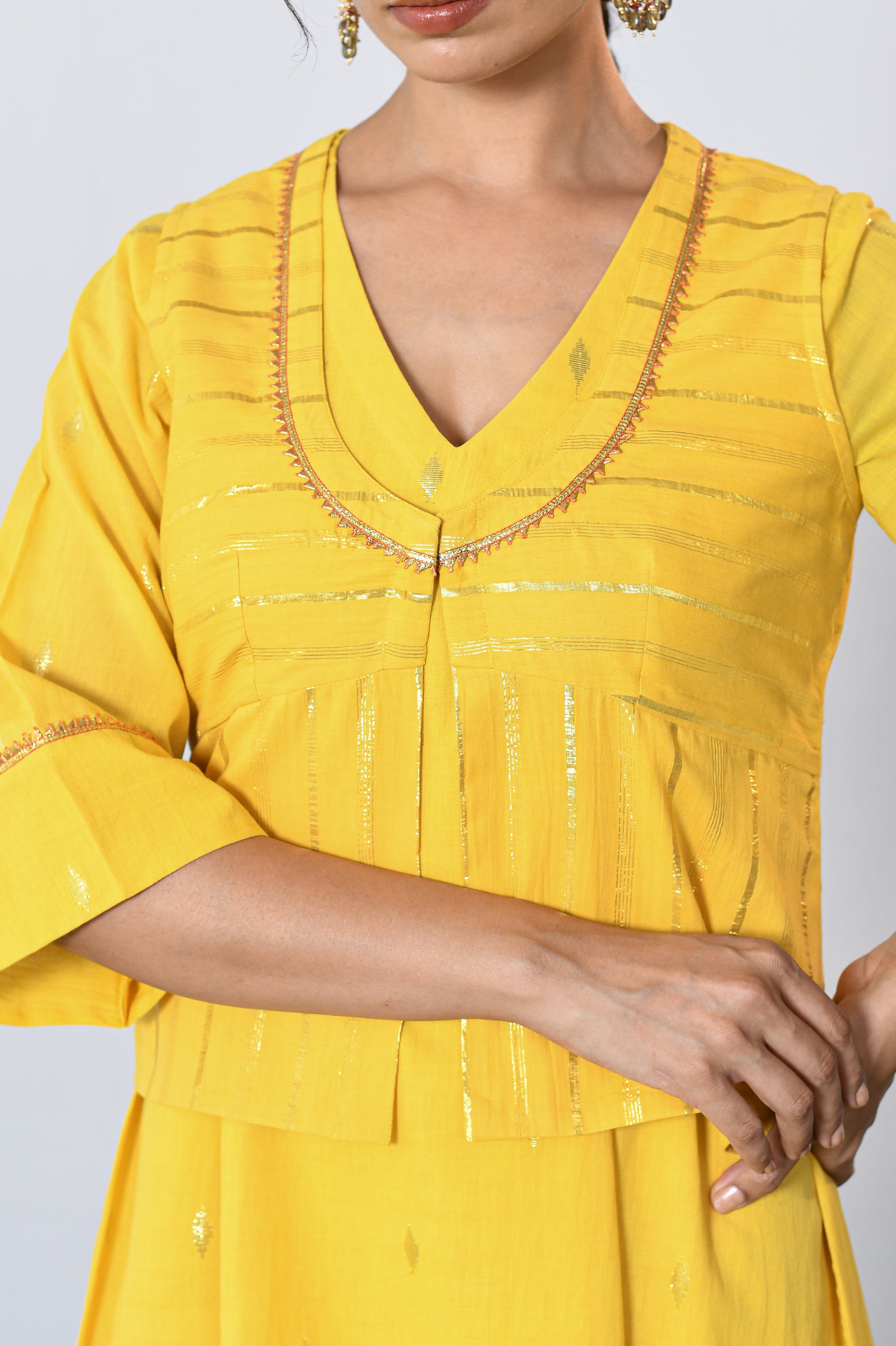 Swarna Yellow Lurex V-neck dress with Koti