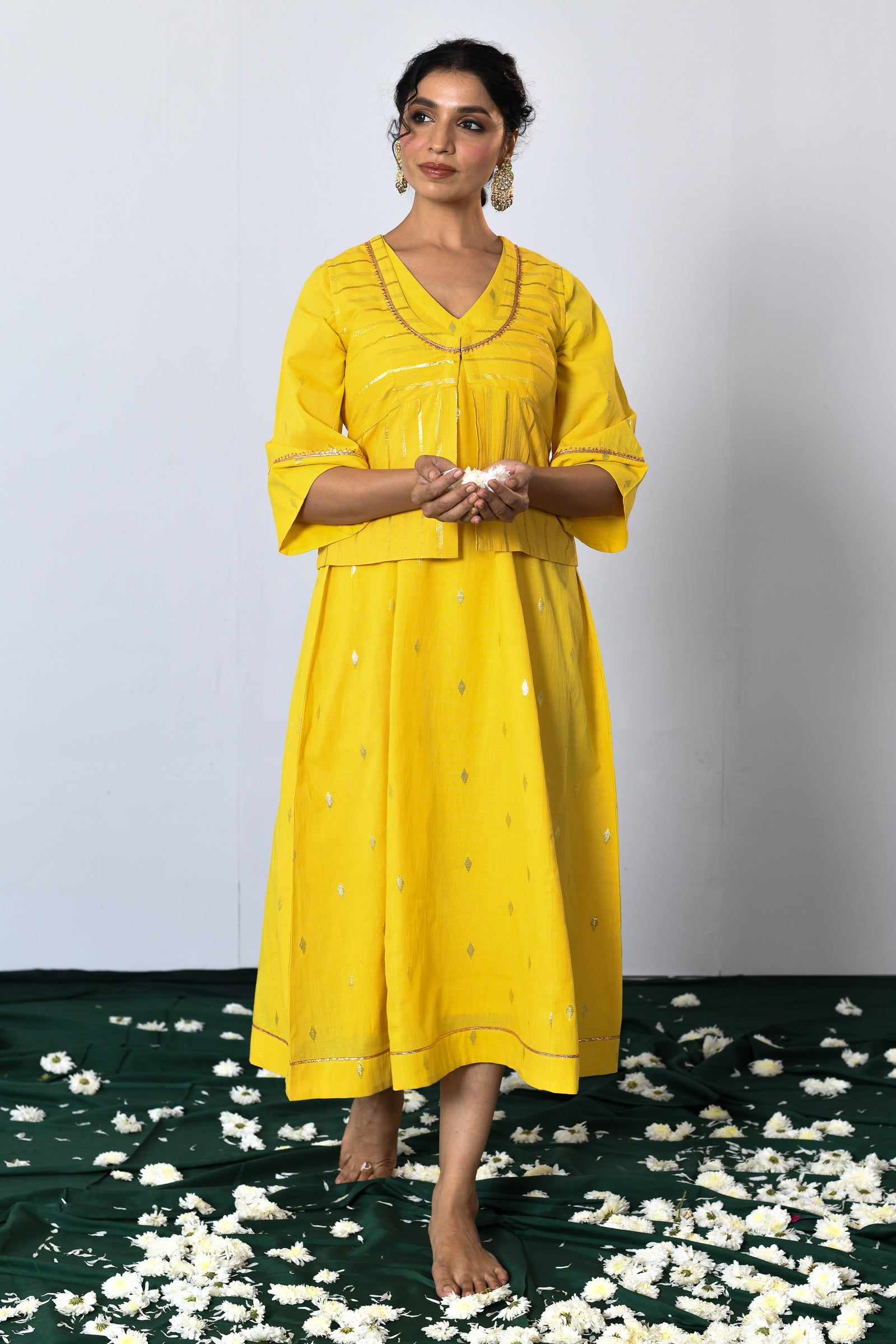 Swarna Yellow Lurex V-neck dress with Koti