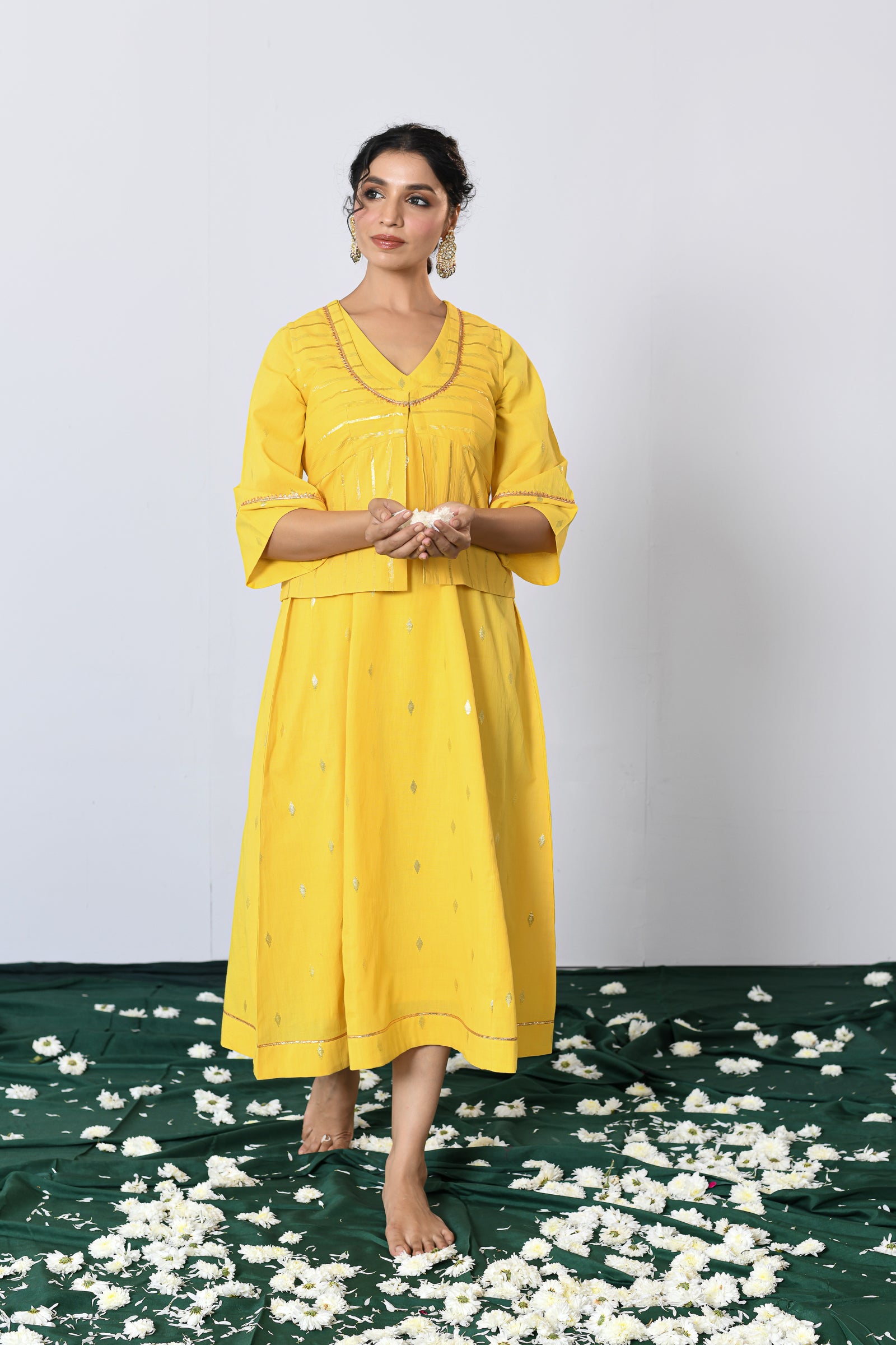 Swarna Yellow Lurex V-neck dress with Koti