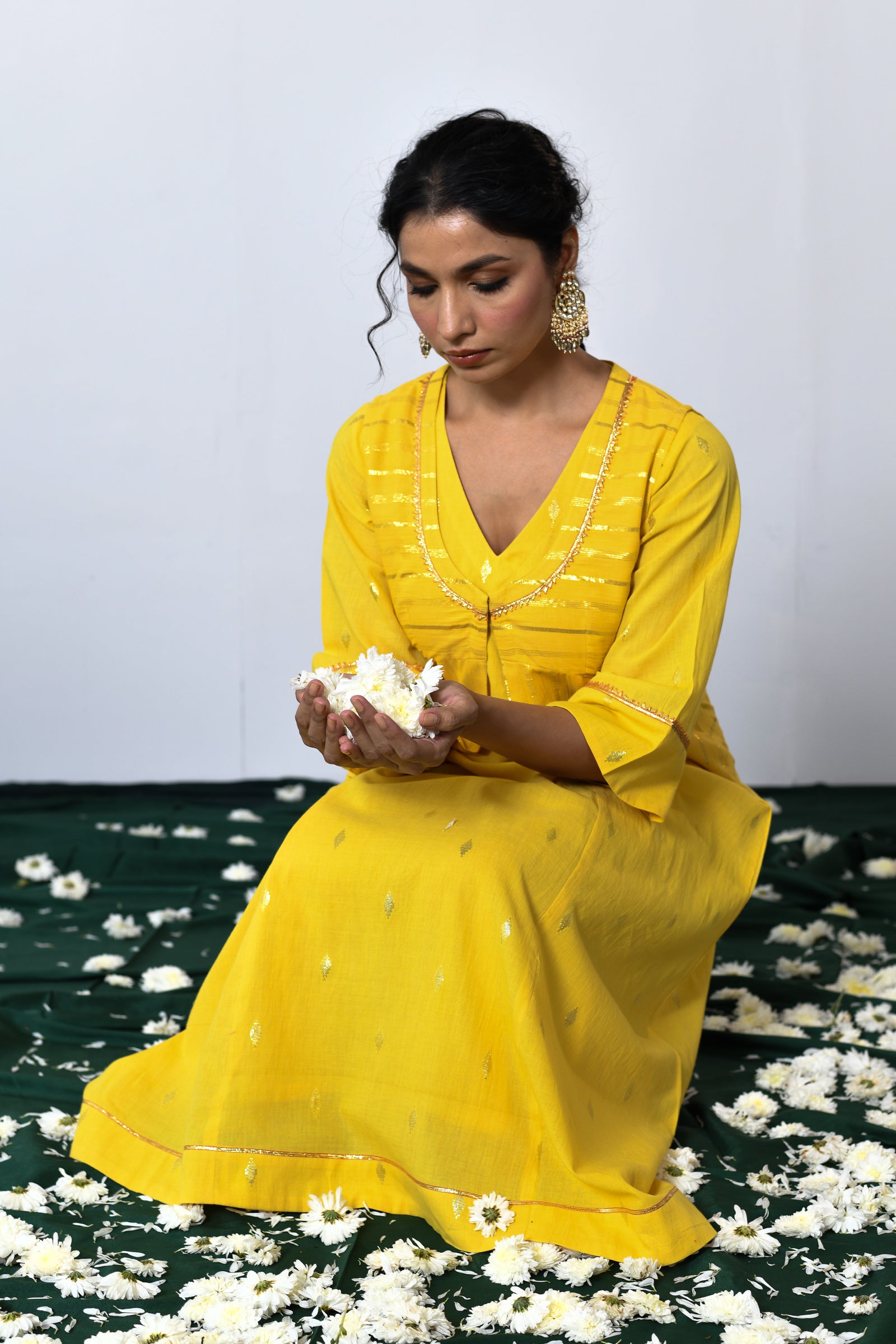 Swarna Yellow Lurex V-neck dress with Koti