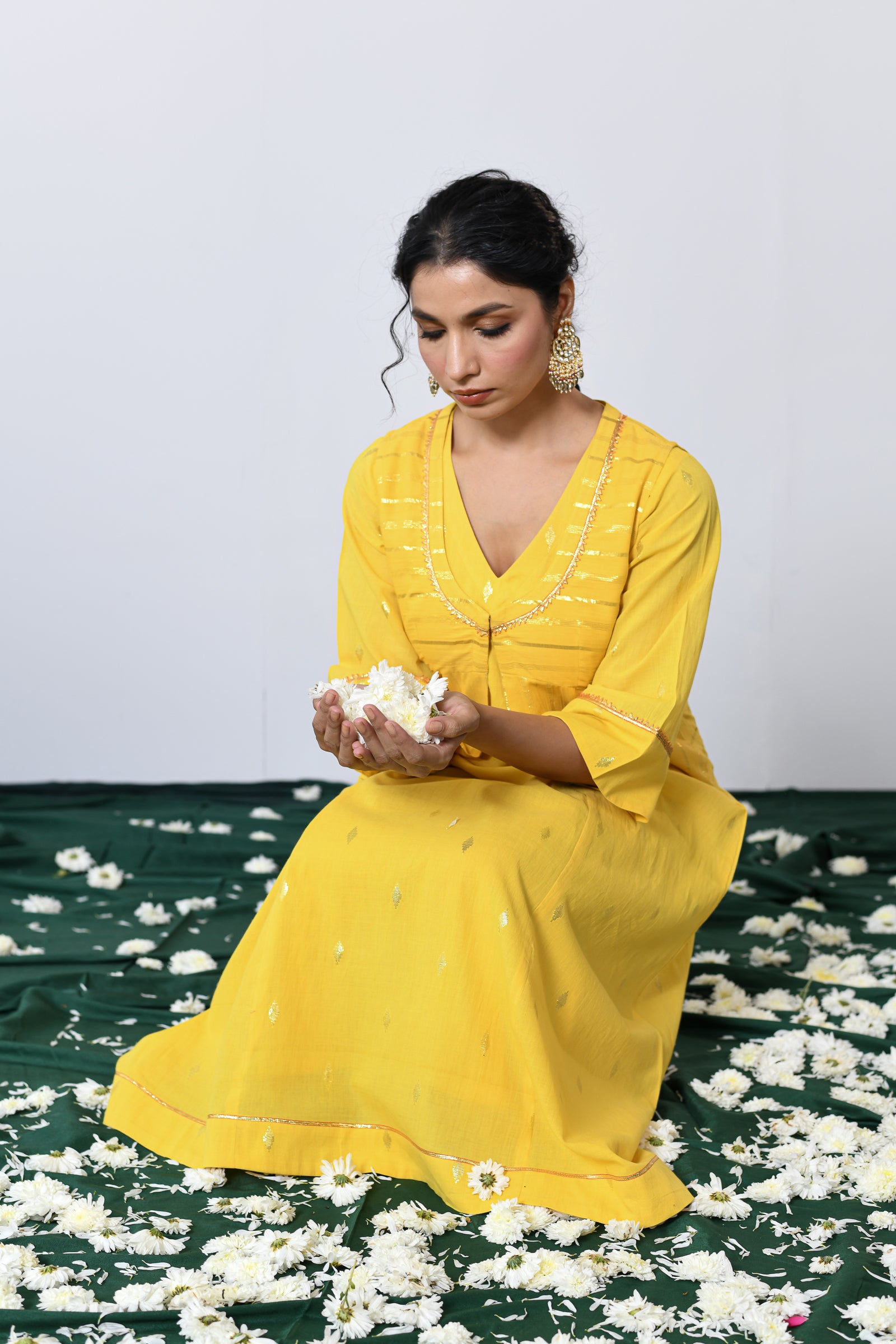 Swarna Yellow Lurex V-neck dress with Koti