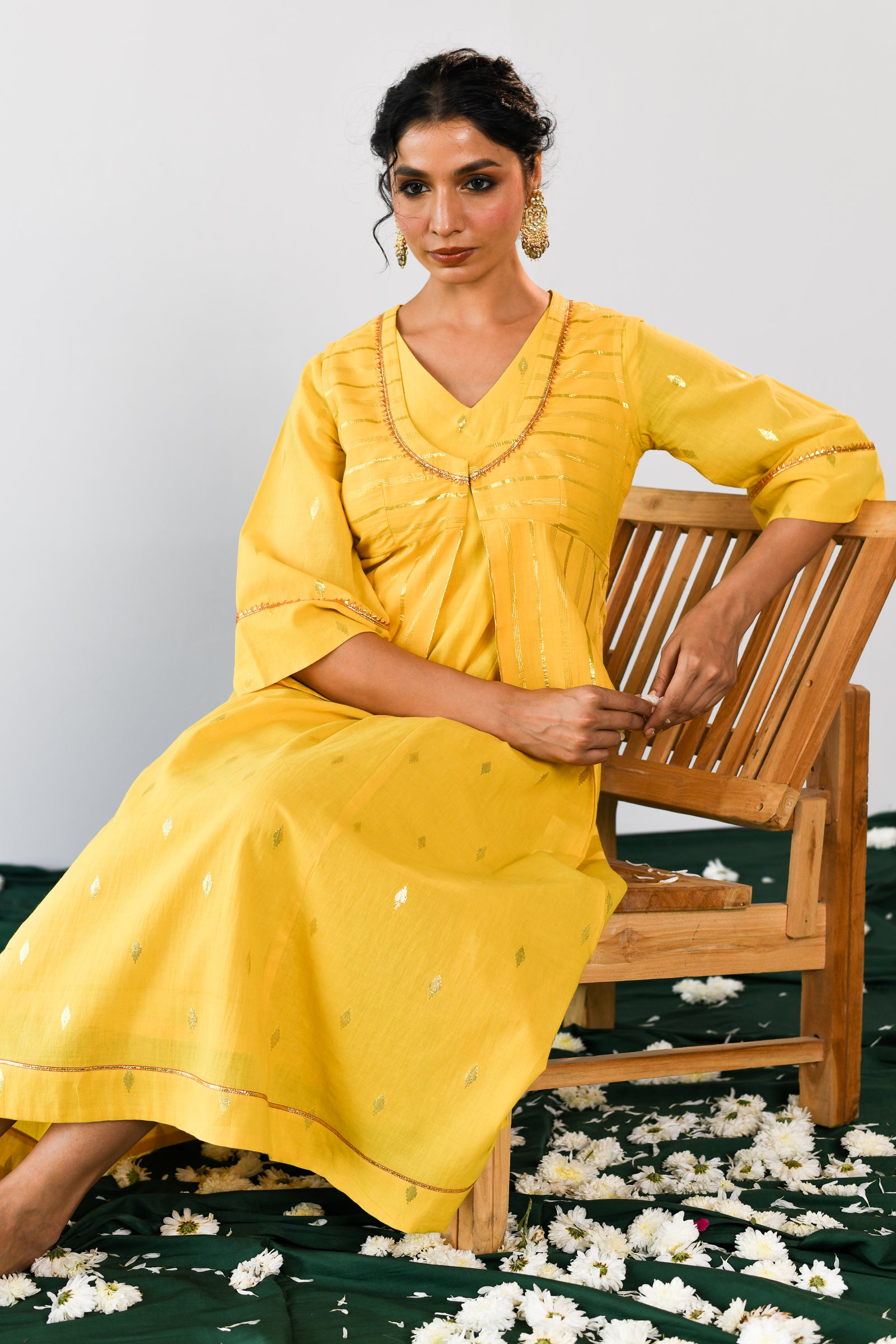 Swarna Yellow Lurex V-neck dress with Koti