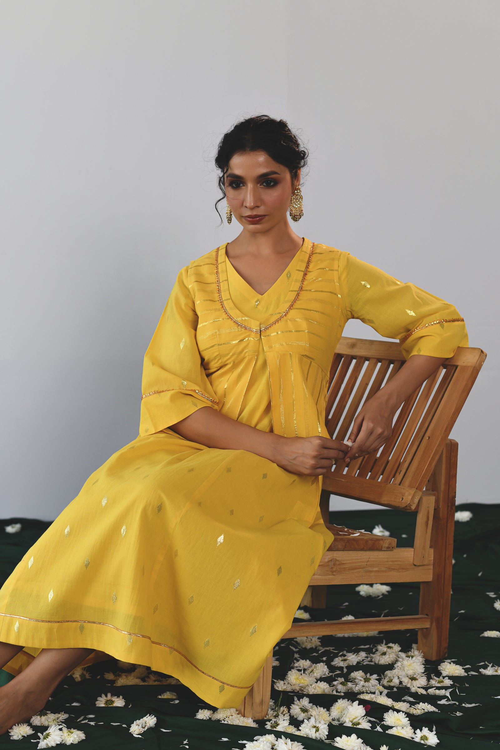 Swarna Yellow Lurex V-neck dress with Koti