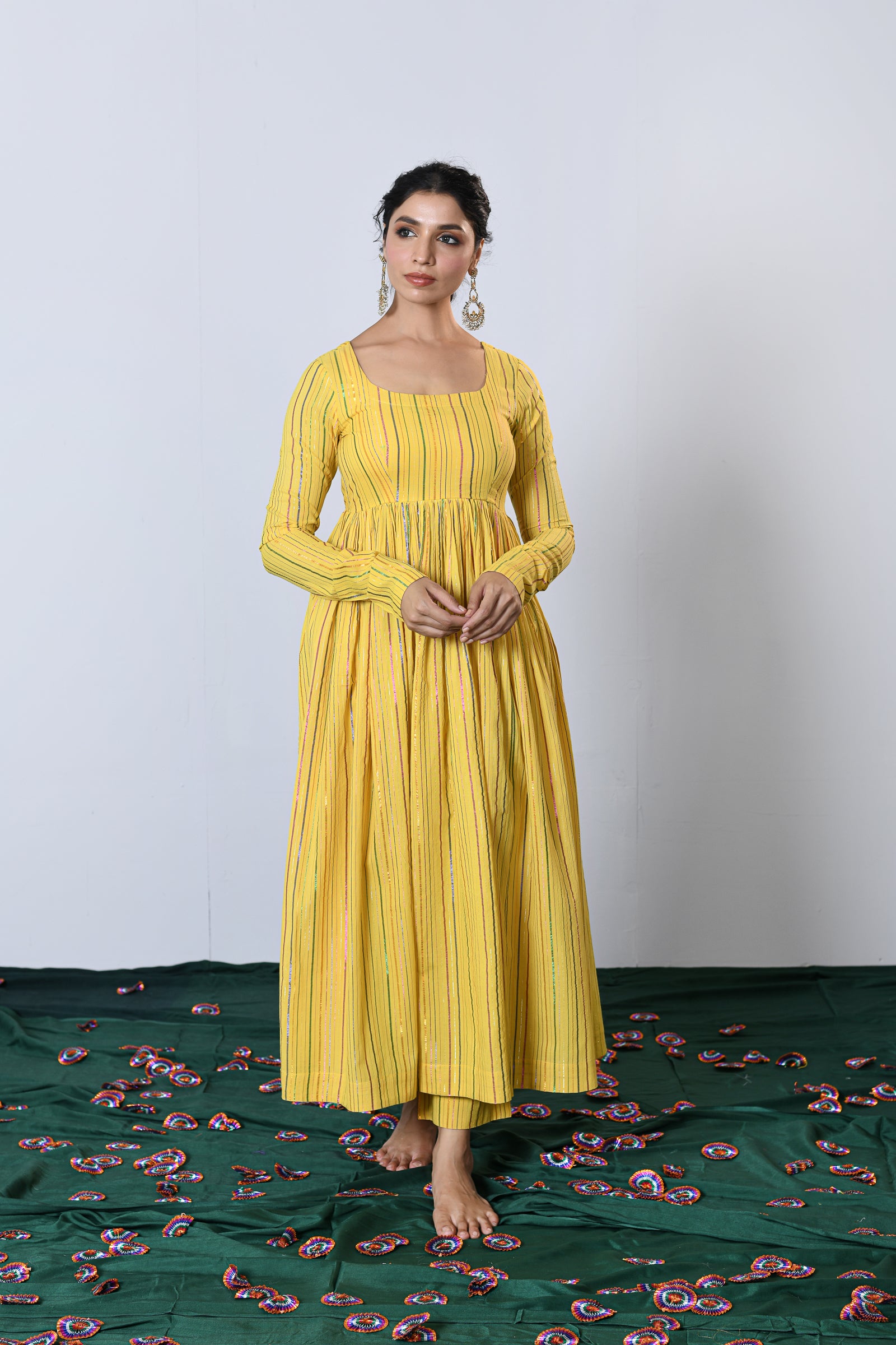 Genda Yellow Multicolor zari Lurex Round neck Anarkali with Pant and Dupatta