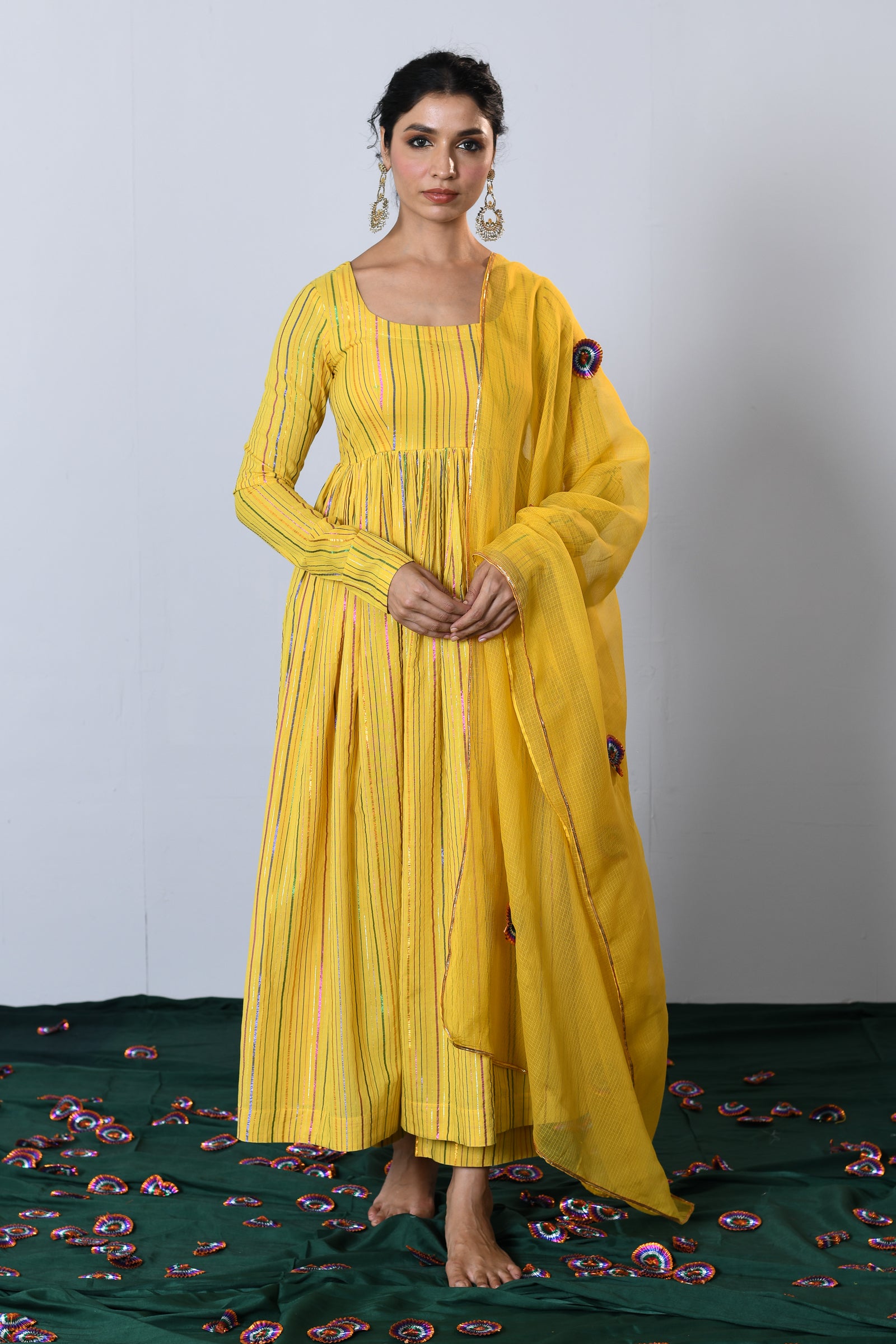 Genda Yellow Multicolor zari Lurex Round neck Anarkali with Pant and Dupatta