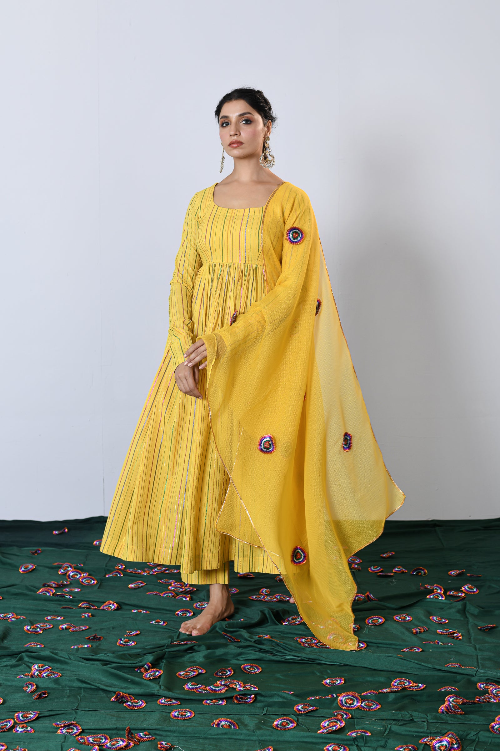 Genda Yellow Multicolor zari Lurex Round neck Anarkali with Pant and Dupatta