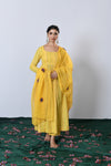 Genda Yellow Multicolor zari Lurex Round neck Anarkali with Pant and Dupatta