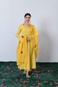 Genda Yellow Multicolor zari Lurex Round neck Anarkali with Pant and Dupatta
