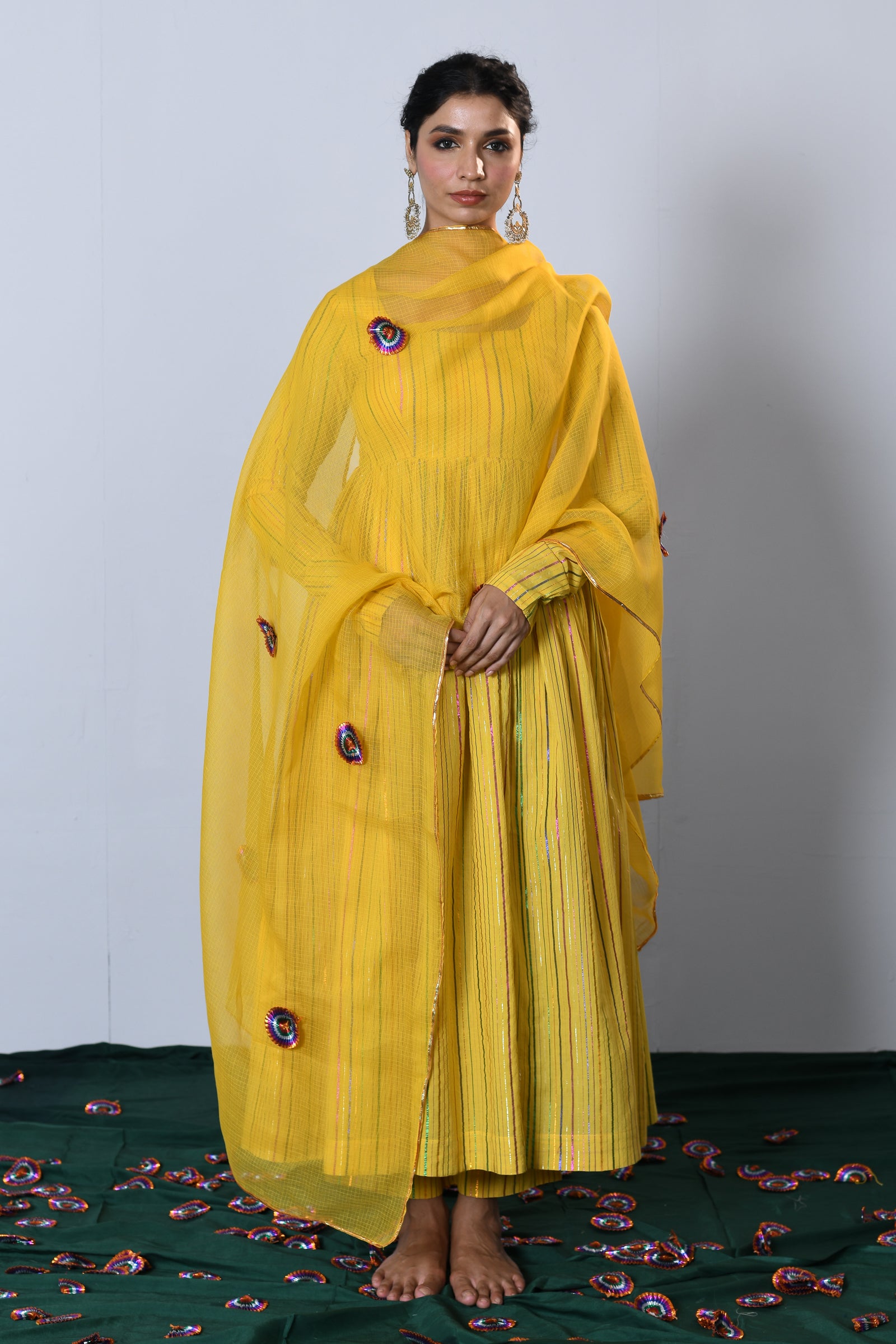 Genda Yellow Multicolor zari Lurex Round neck Anarkali with Pant and Dupatta