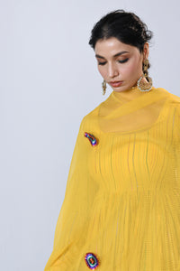 Genda Yellow Multicolor zari Lurex Round neck Anarkali with Pant and Dupatta