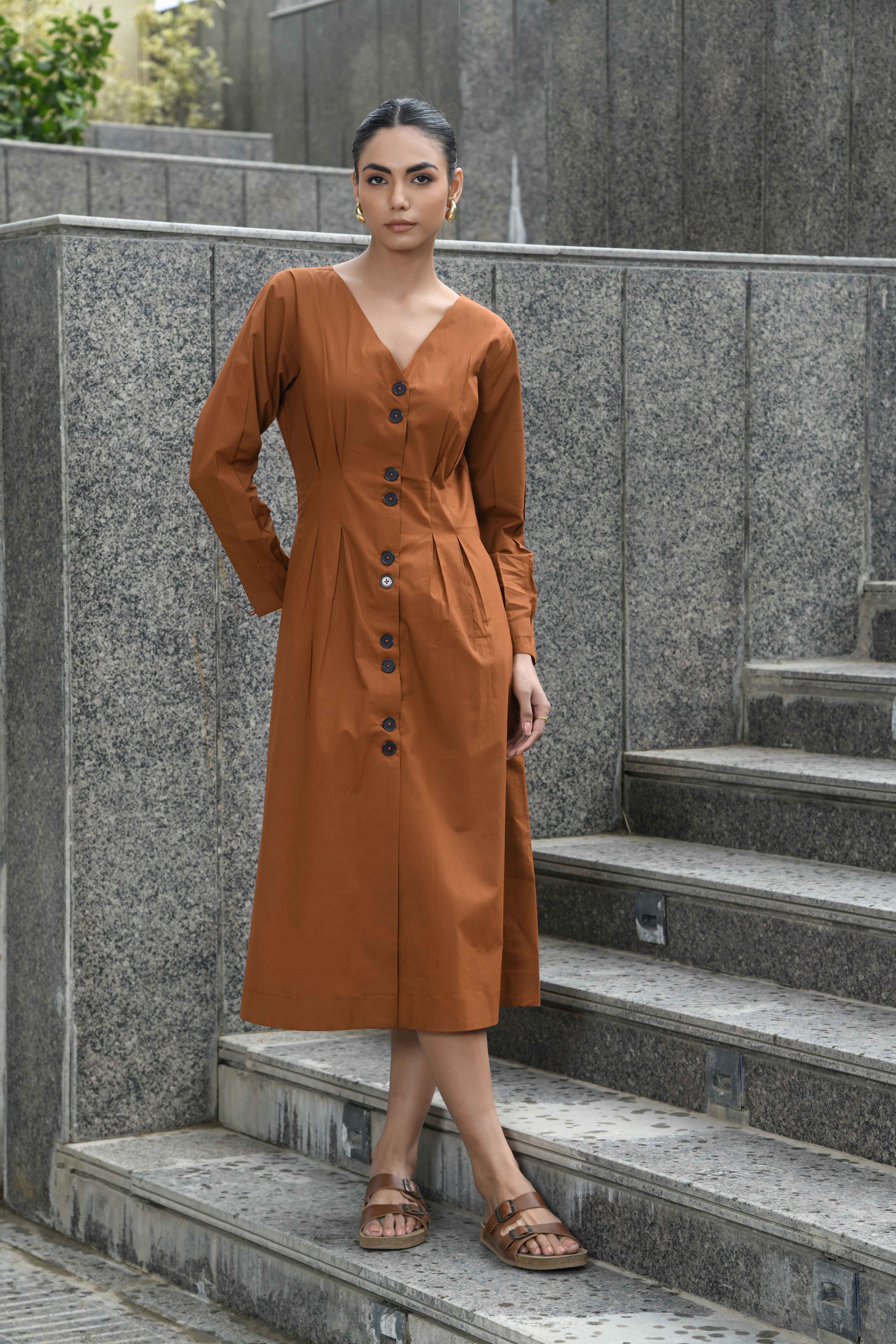 BROWN BUTTON-UP BOX DRESS