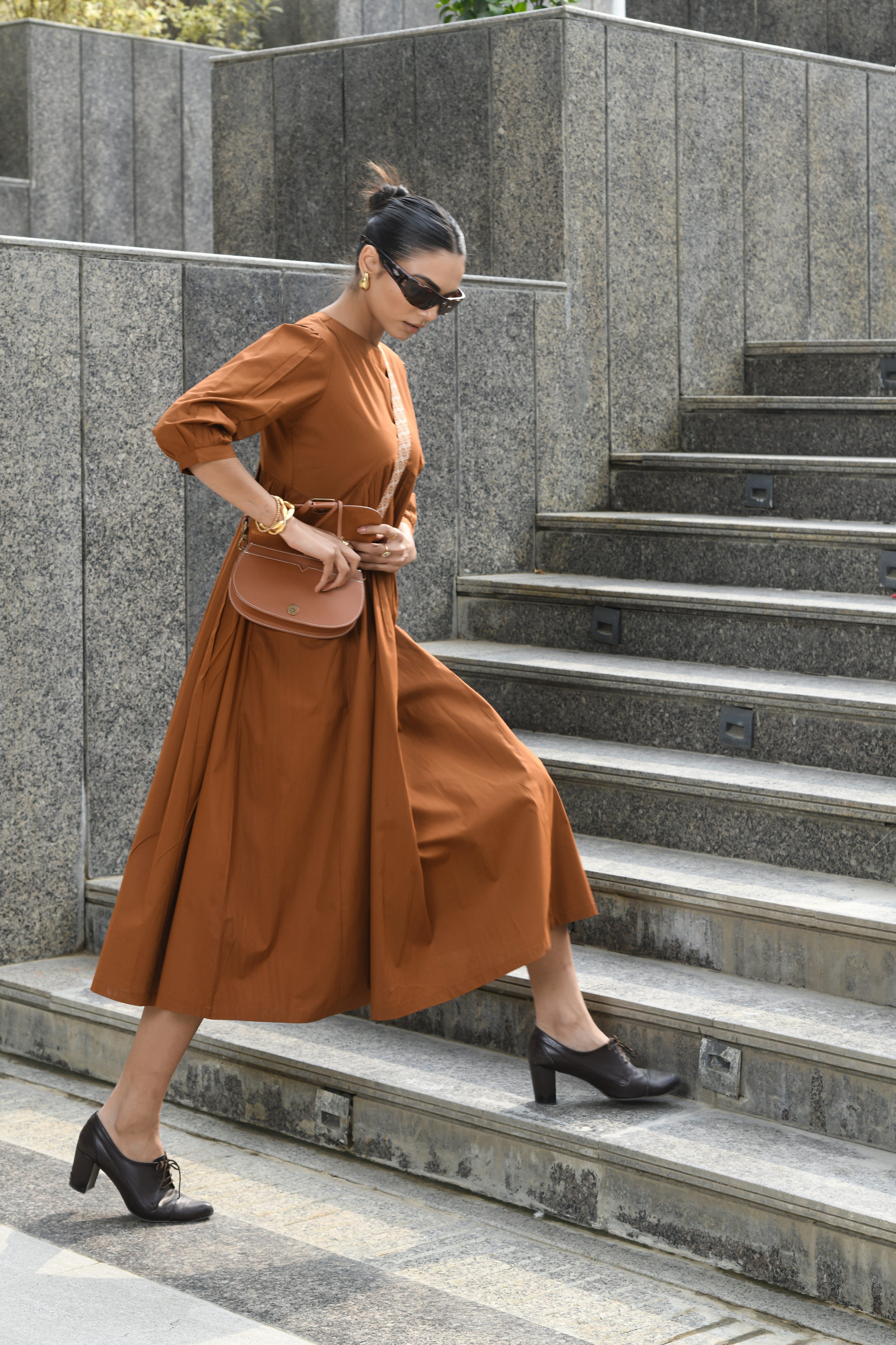 BROWN YOKE DRESS