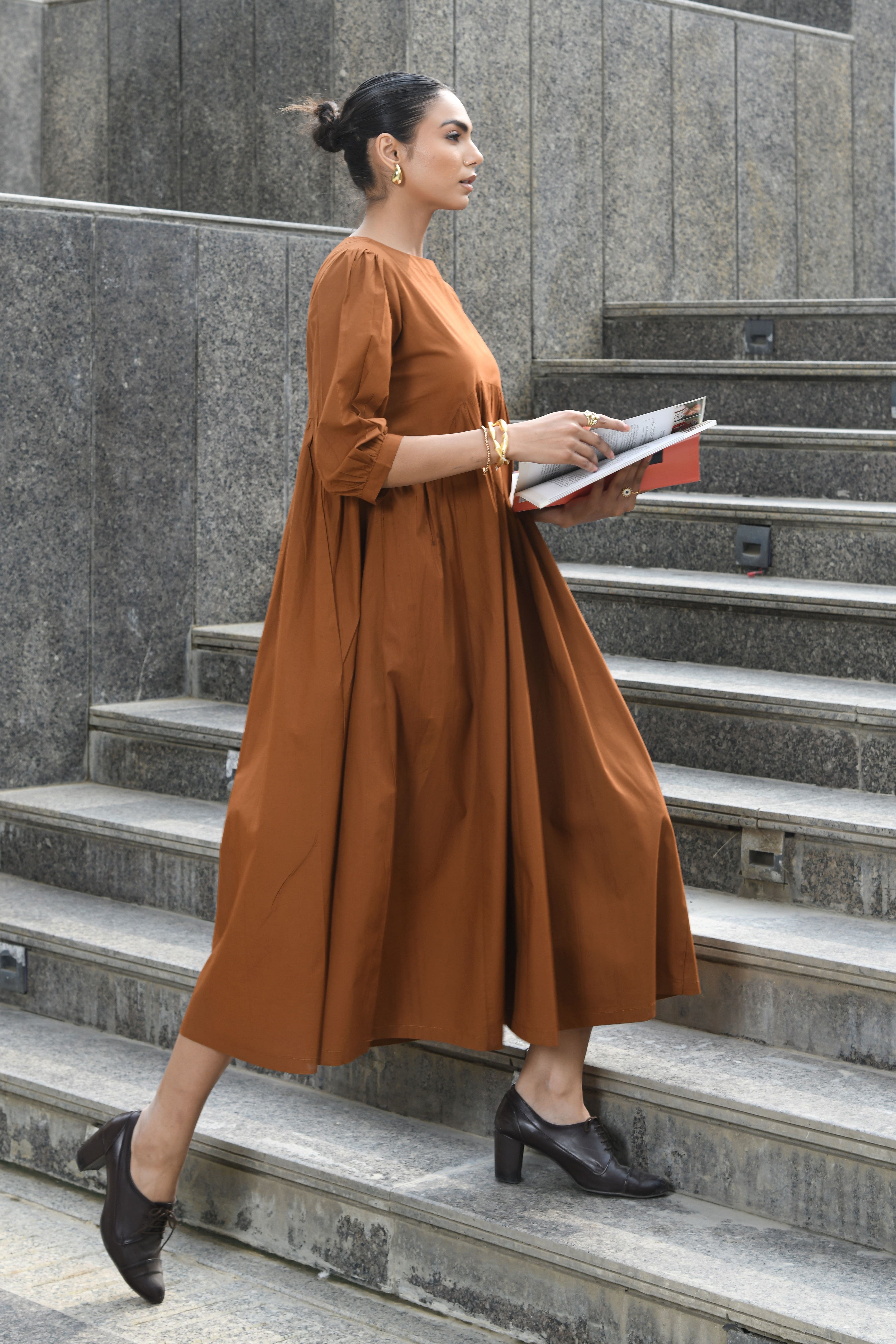 BROWN YOKE DRESS