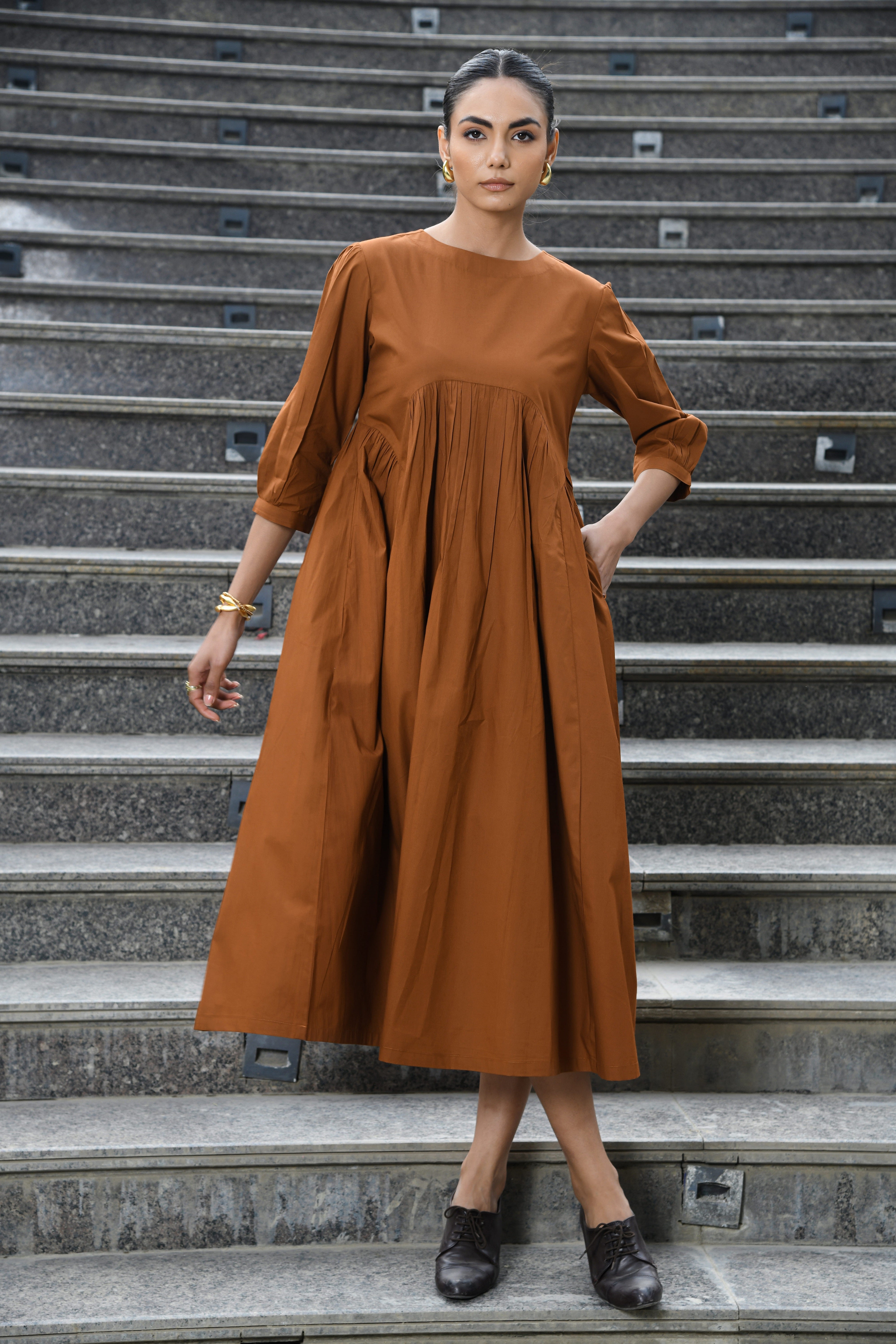 BROWN YOKE DRESS