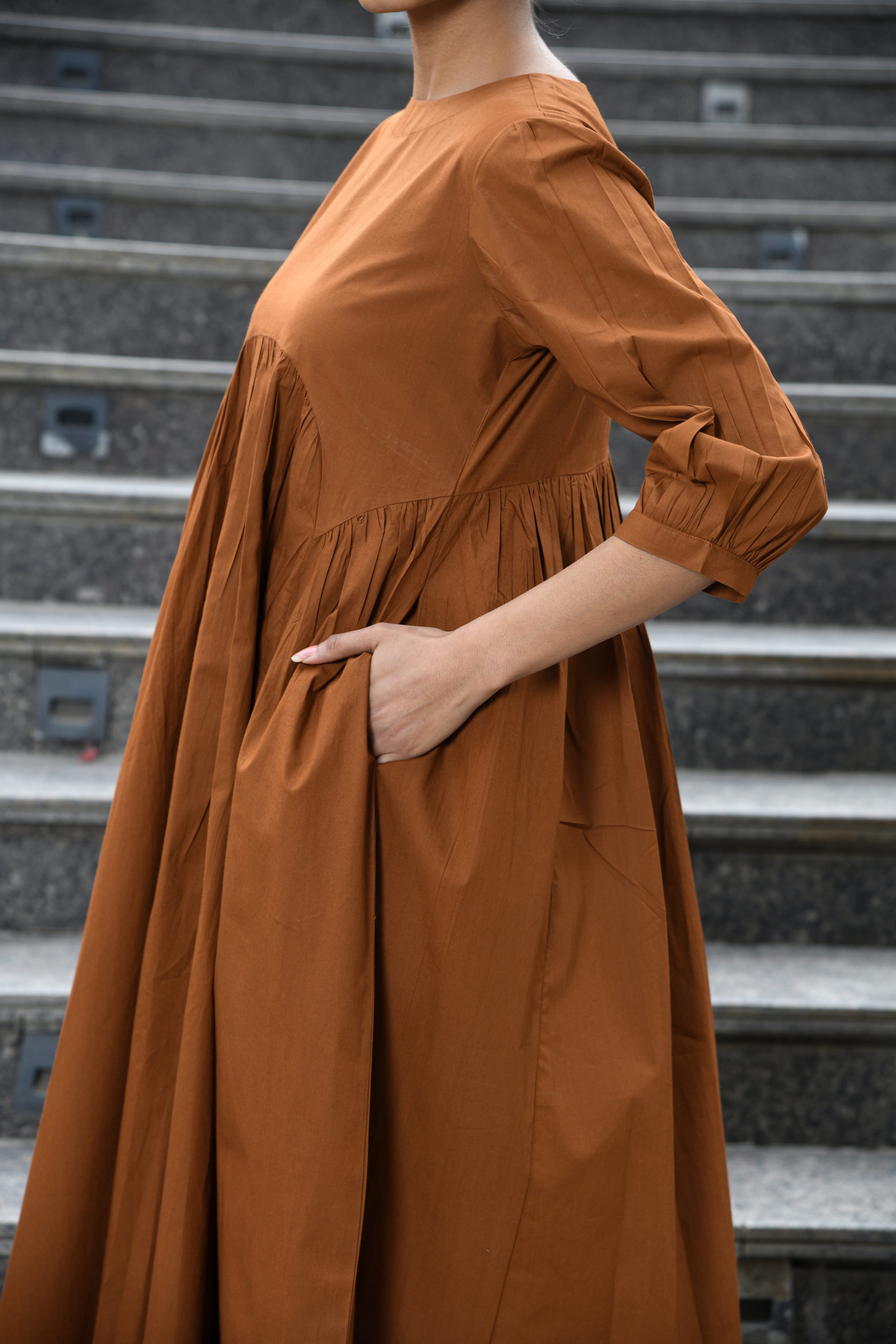 BROWN YOKE DRESS