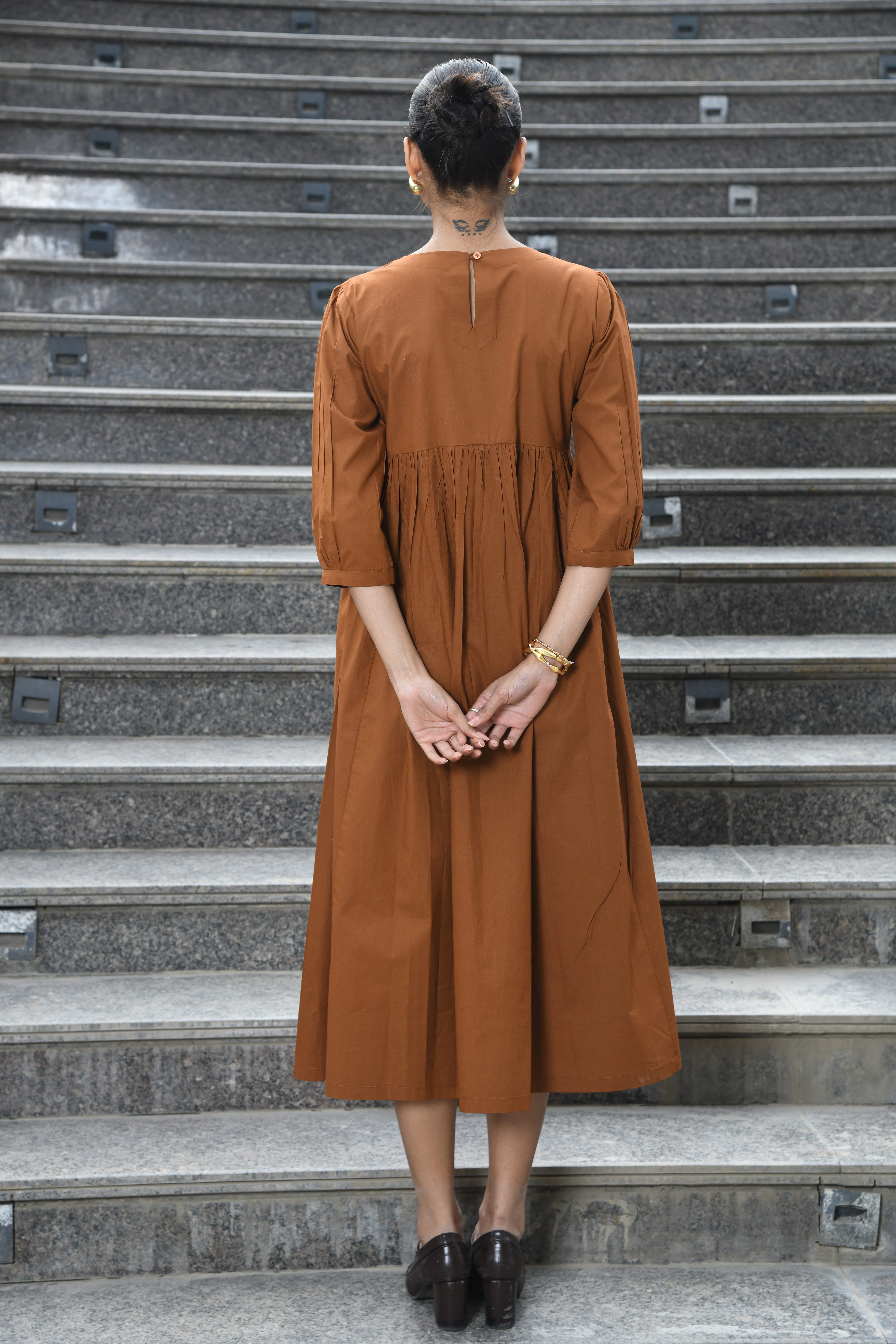 BROWN YOKE DRESS