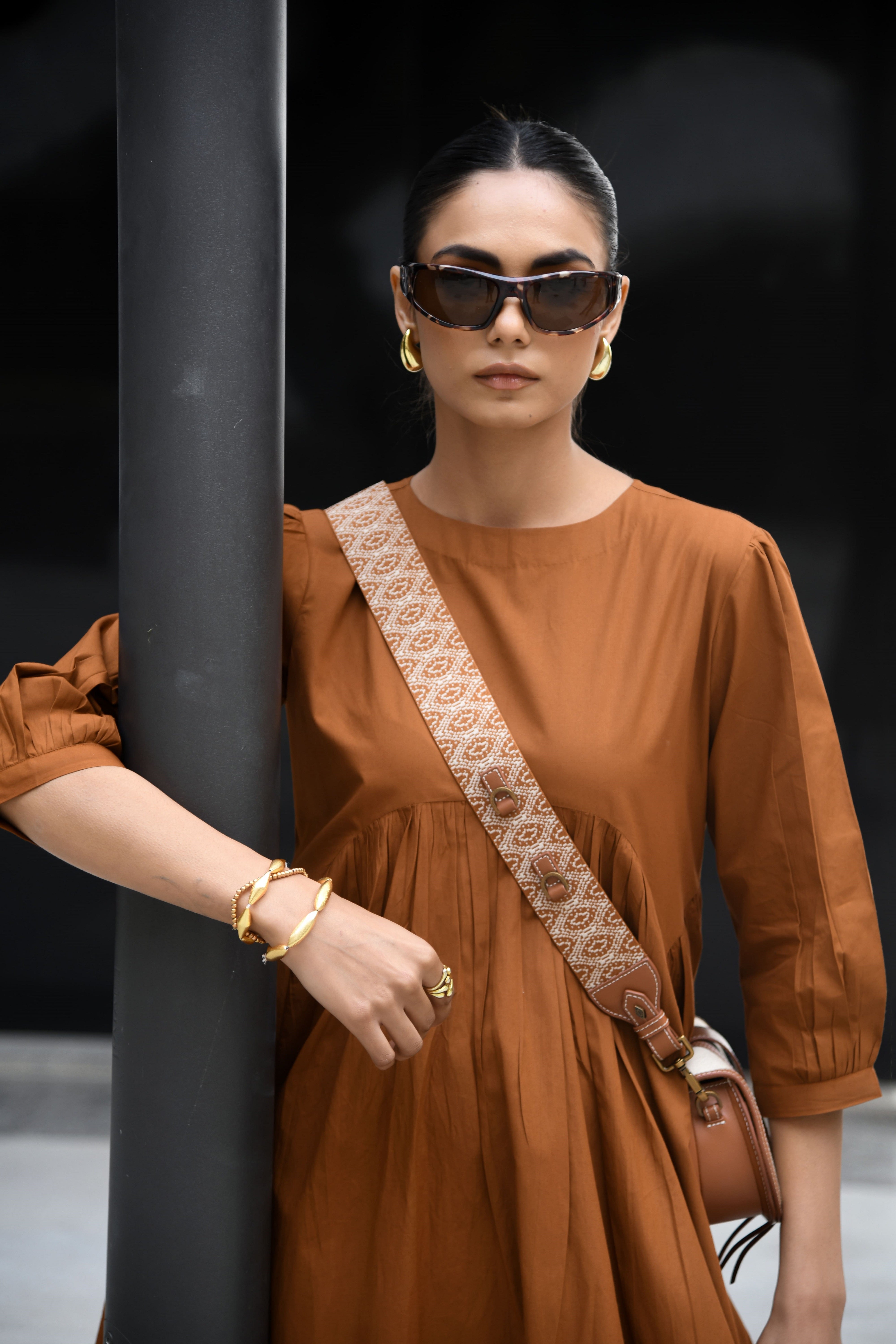 BROWN YOKE DRESS