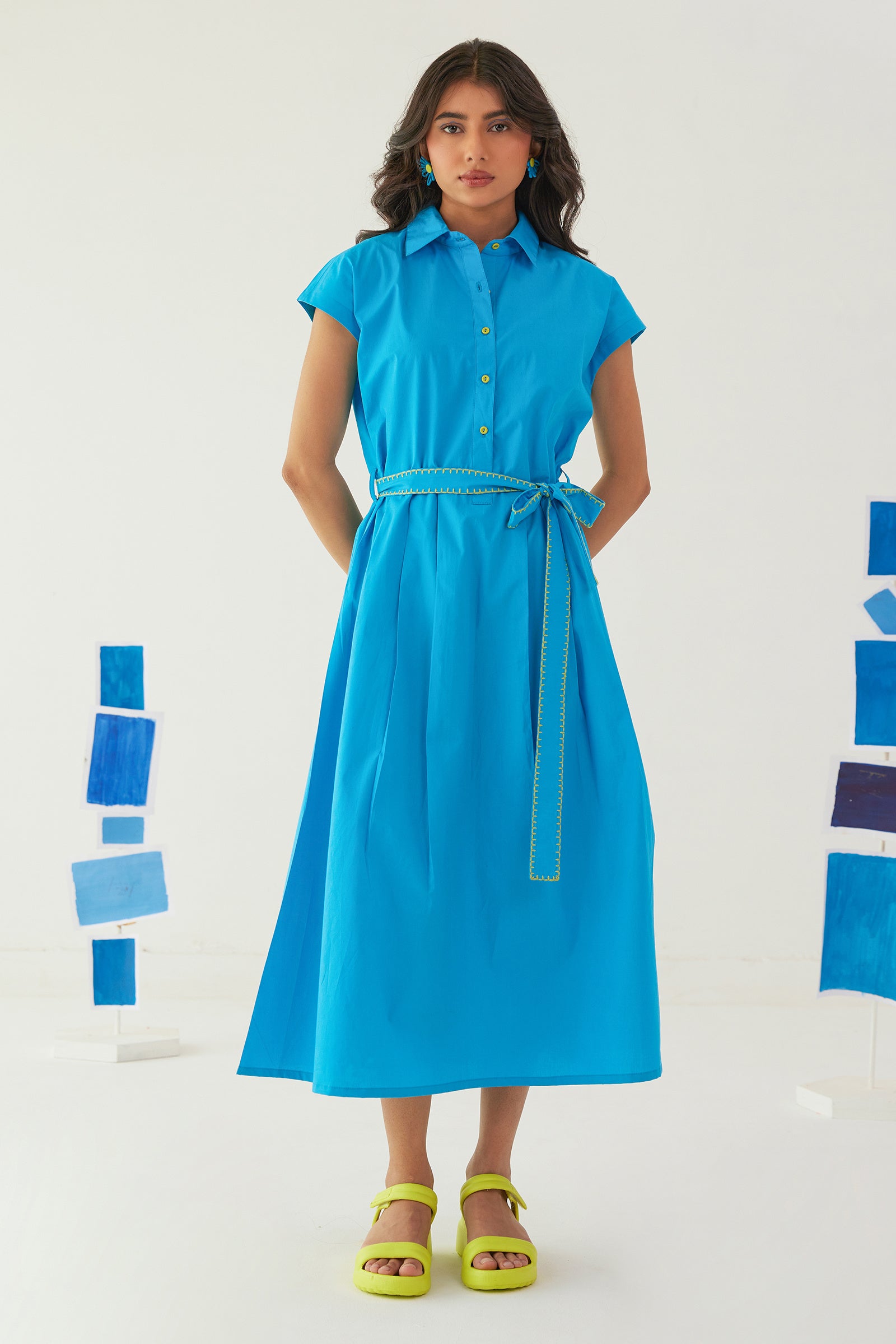 FROST BLUE POPLIN SHIRT DRESS WITH EMBROIDERED BELT