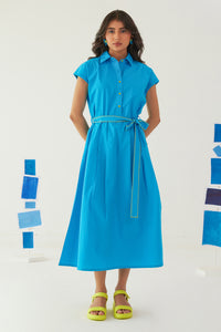 FROST BLUE POPLIN SHIRT DRESS WITH EMBROIDERED BELT
