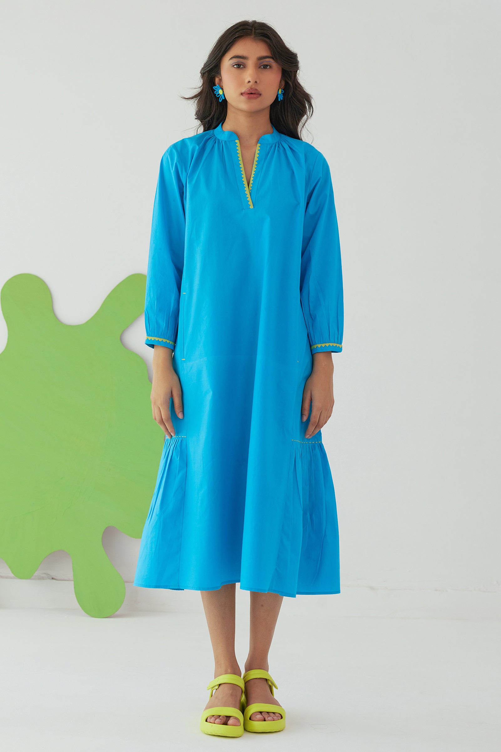 LAGOON BLUE POPLIN CALF LENGTH DRESS