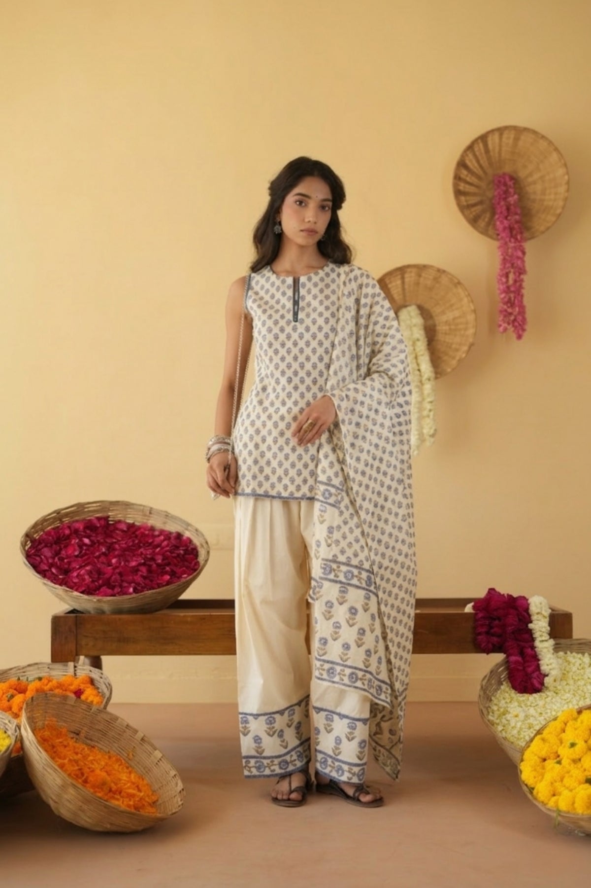 BLUE & OFF WHITE ALINA KURTA WITH FARSI SALWAR SET OF 3