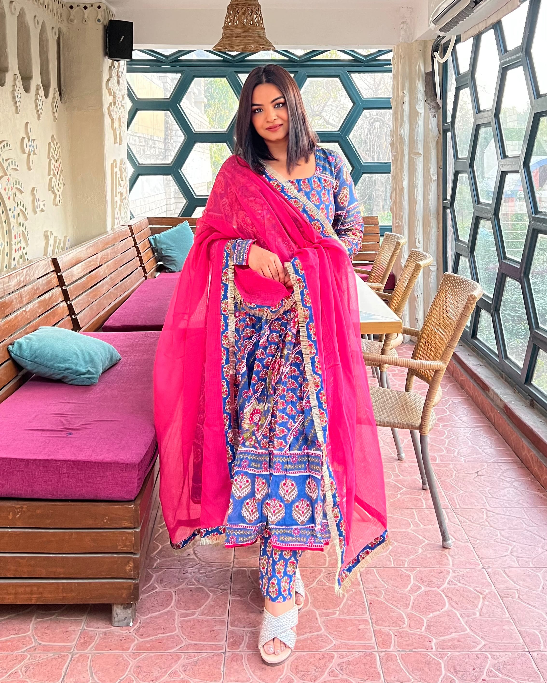 Blue mulmul anarkali set