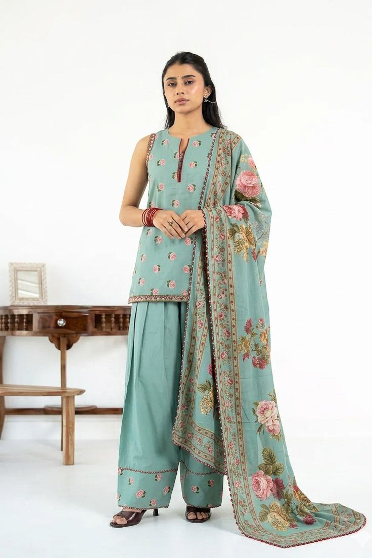 SAGE GREEN ROOH KURTA WITH FARSI SALWAR  SET OF 3