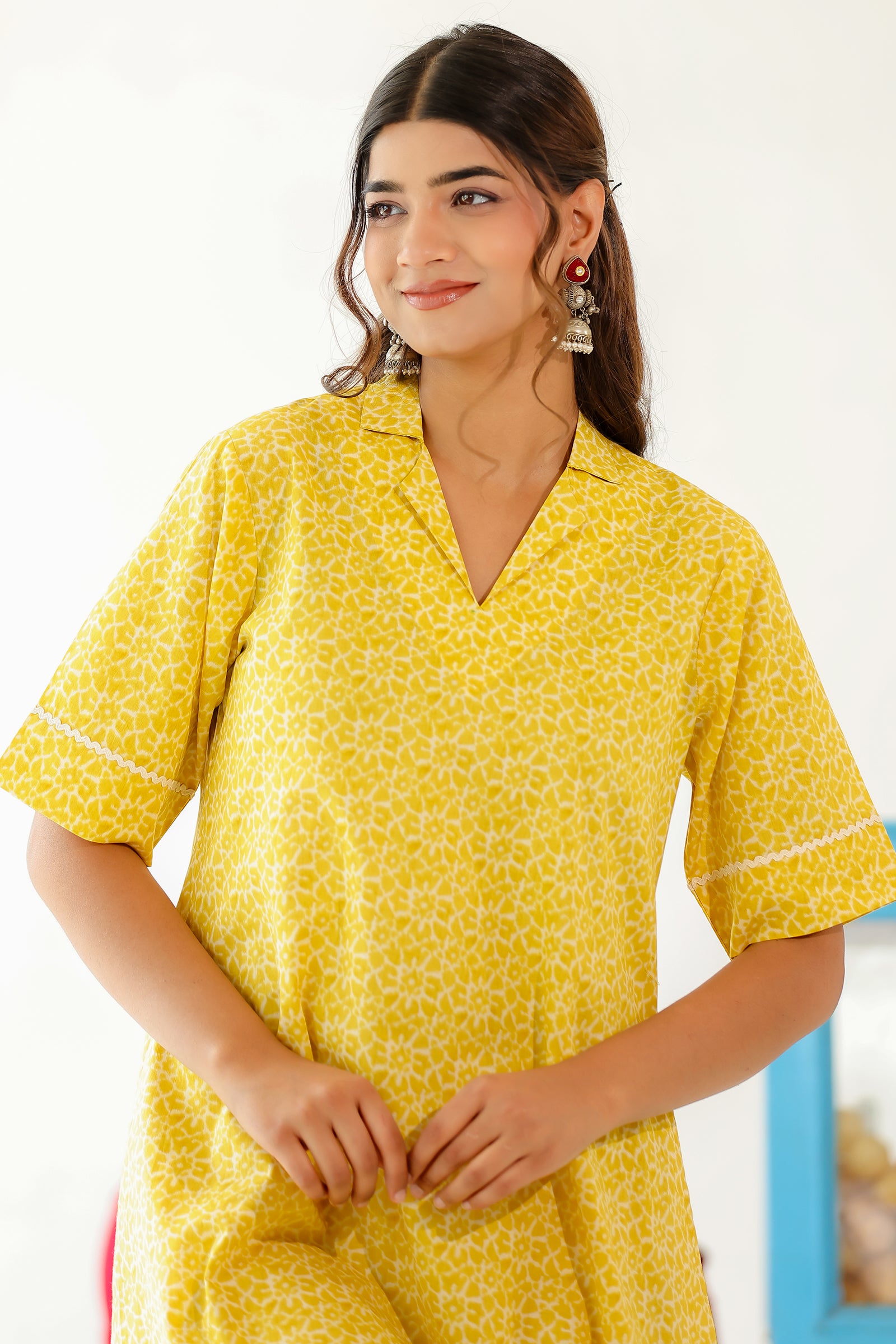 SUN YELLOW COTTON KNEE LENGTH SHIRT DRESS