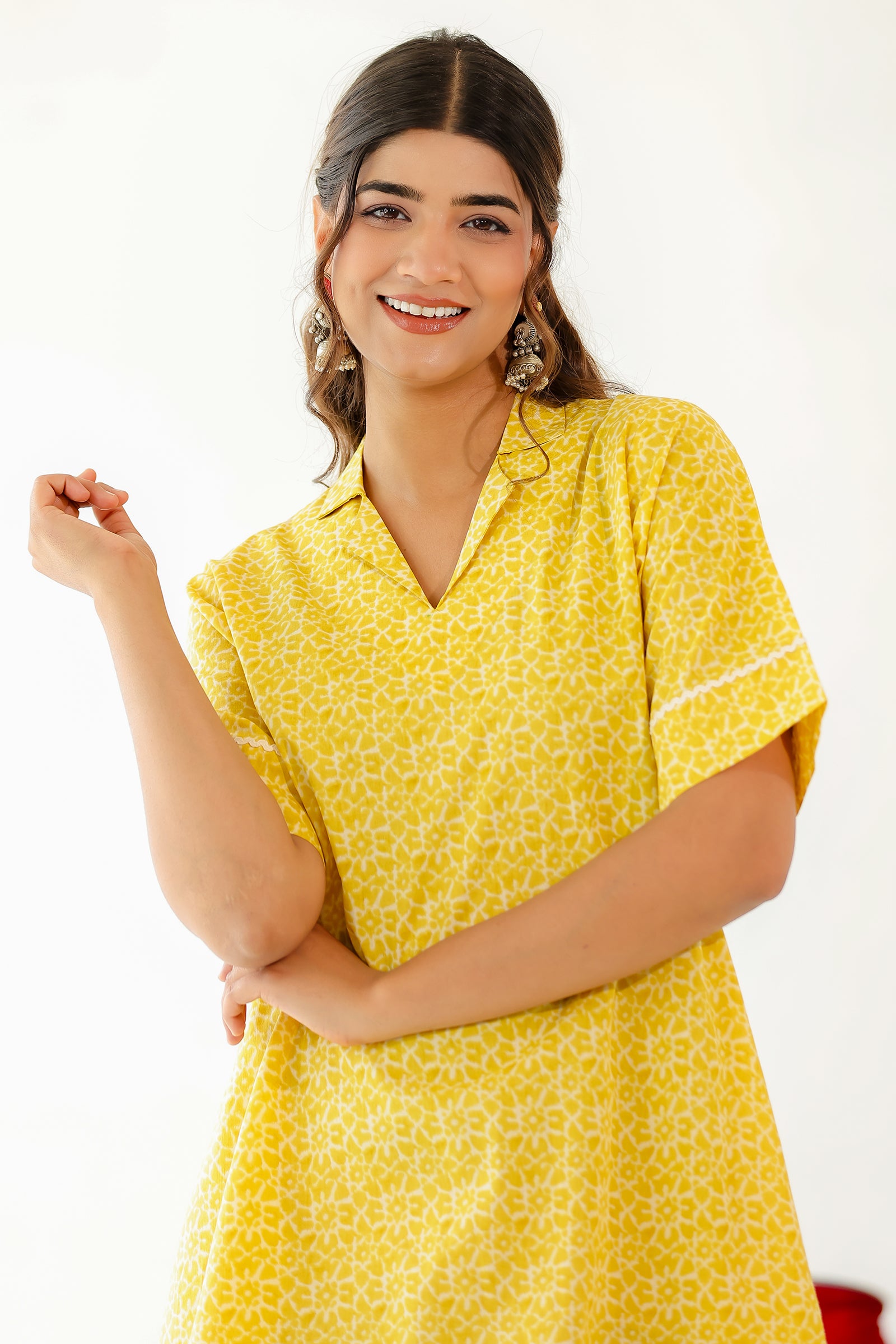 SUN YELLOW COTTON KNEE LENGTH SHIRT DRESS