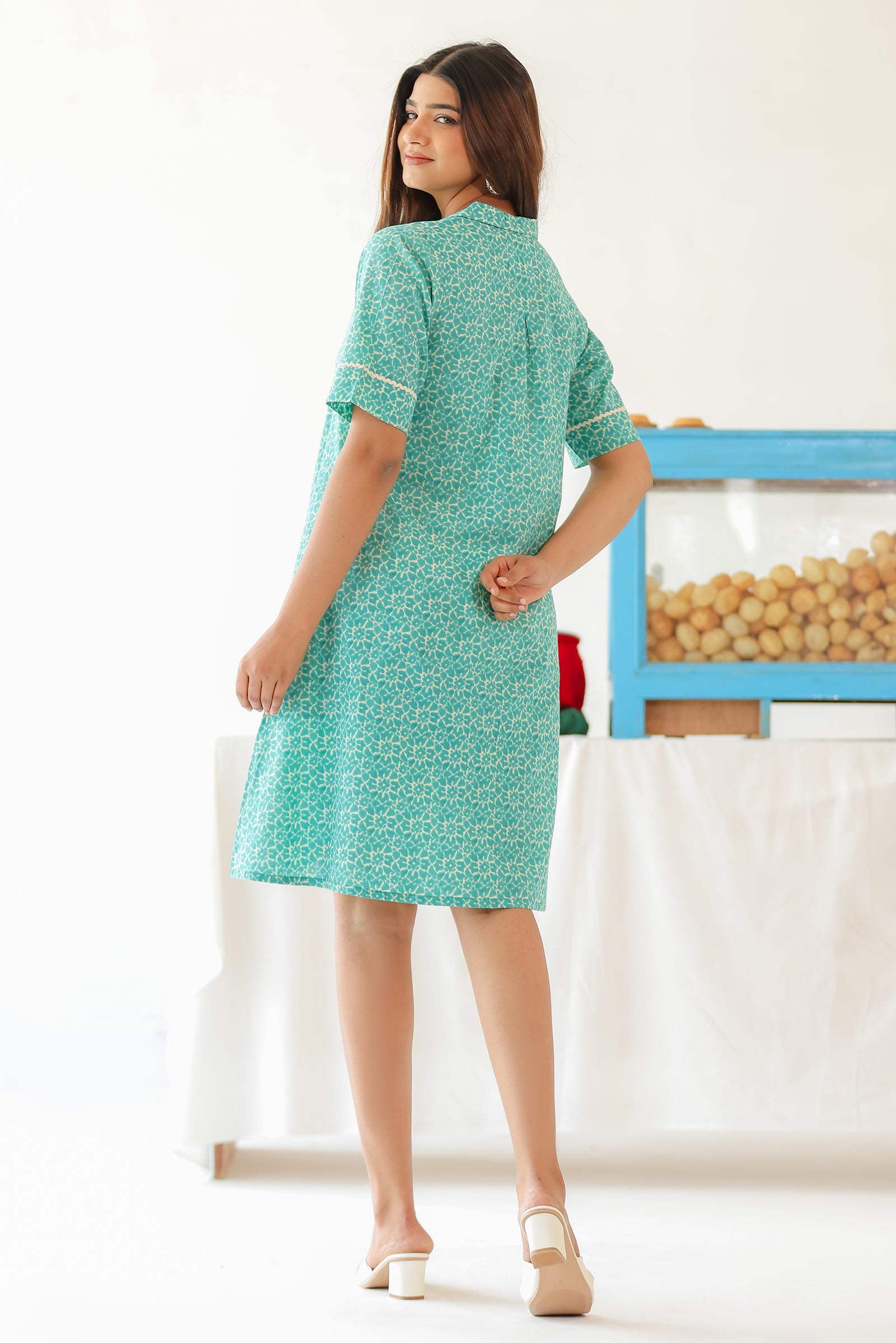 MOON TEAL COTTON KNEE LENGTH SHIRT DRESS