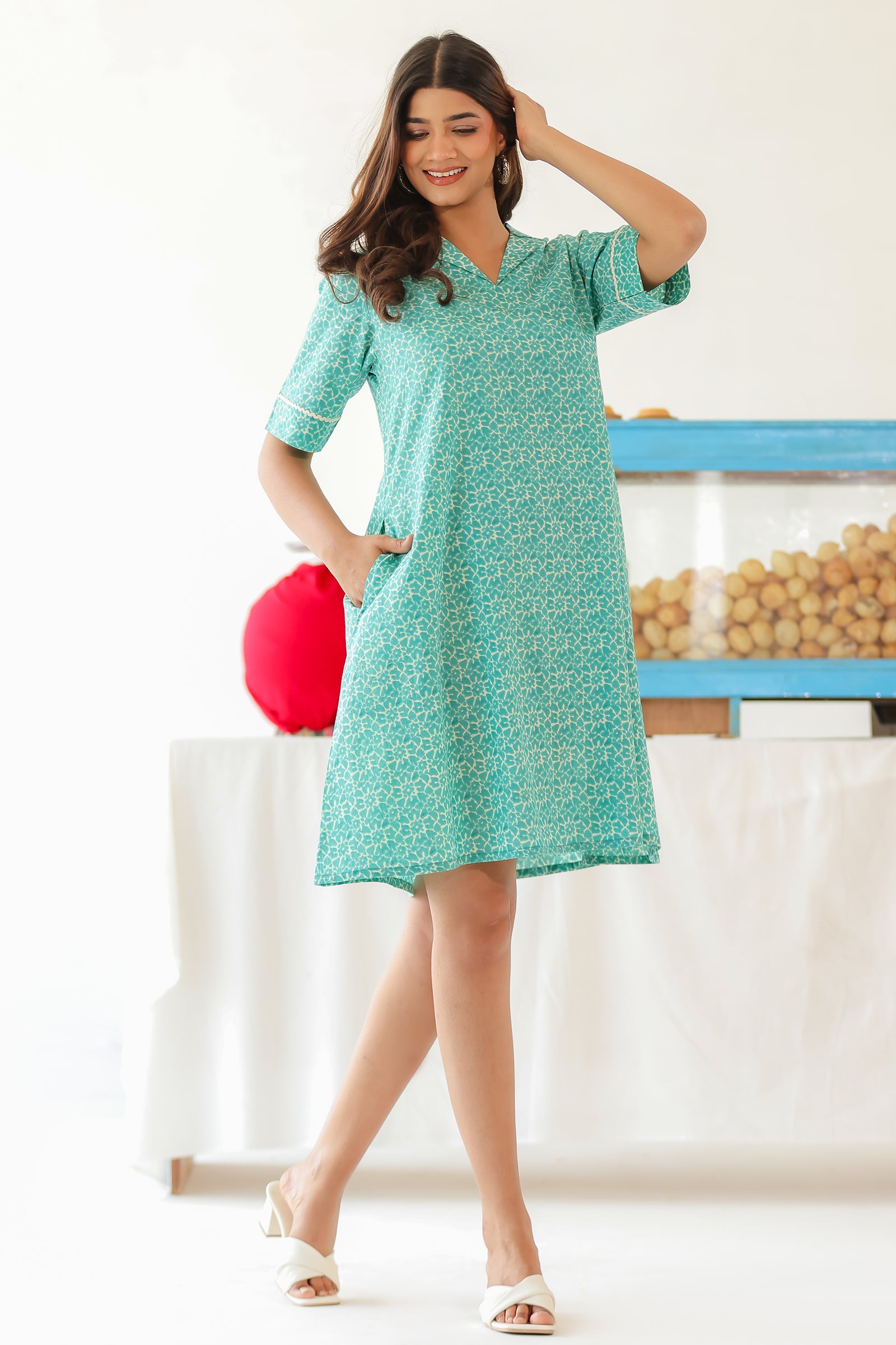 MOON TEAL COTTON KNEE LENGTH SHIRT DRESS