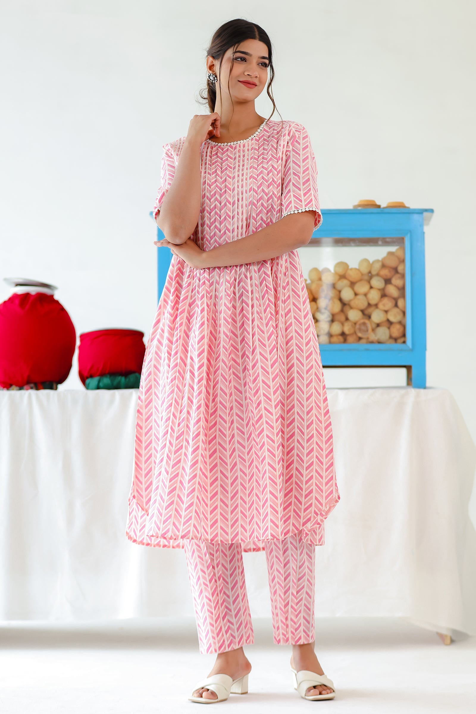 PARLE LIGHT PINK PINTUCKS A LINE KURTA SET