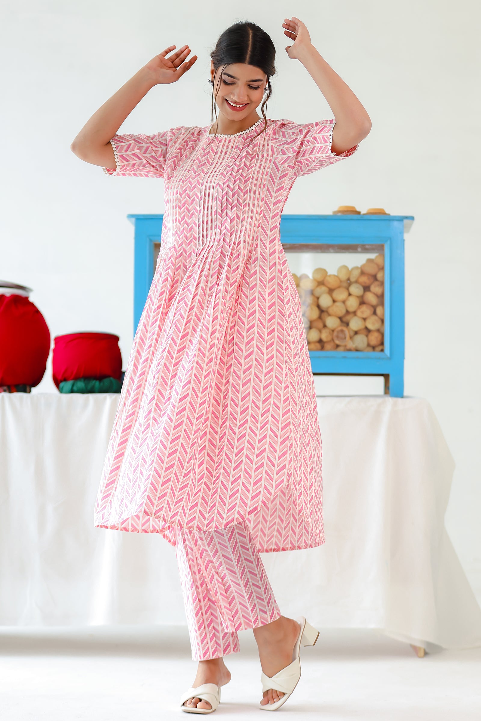 PARLE LIGHT PINK PINTUCKS A LINE KURTA SET