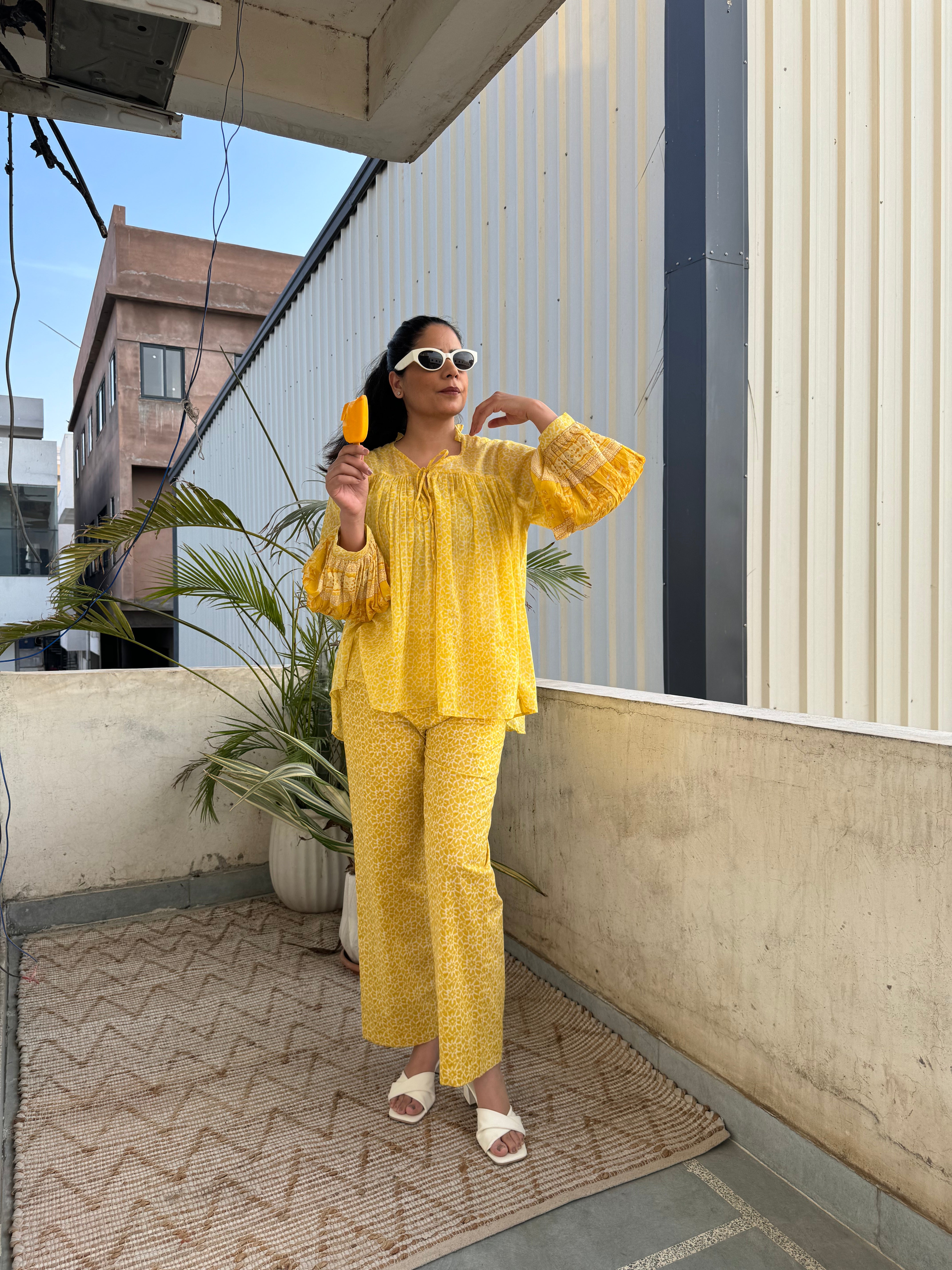 SURYA YELLOW MULMUL AND COTTON CO-ORD SET