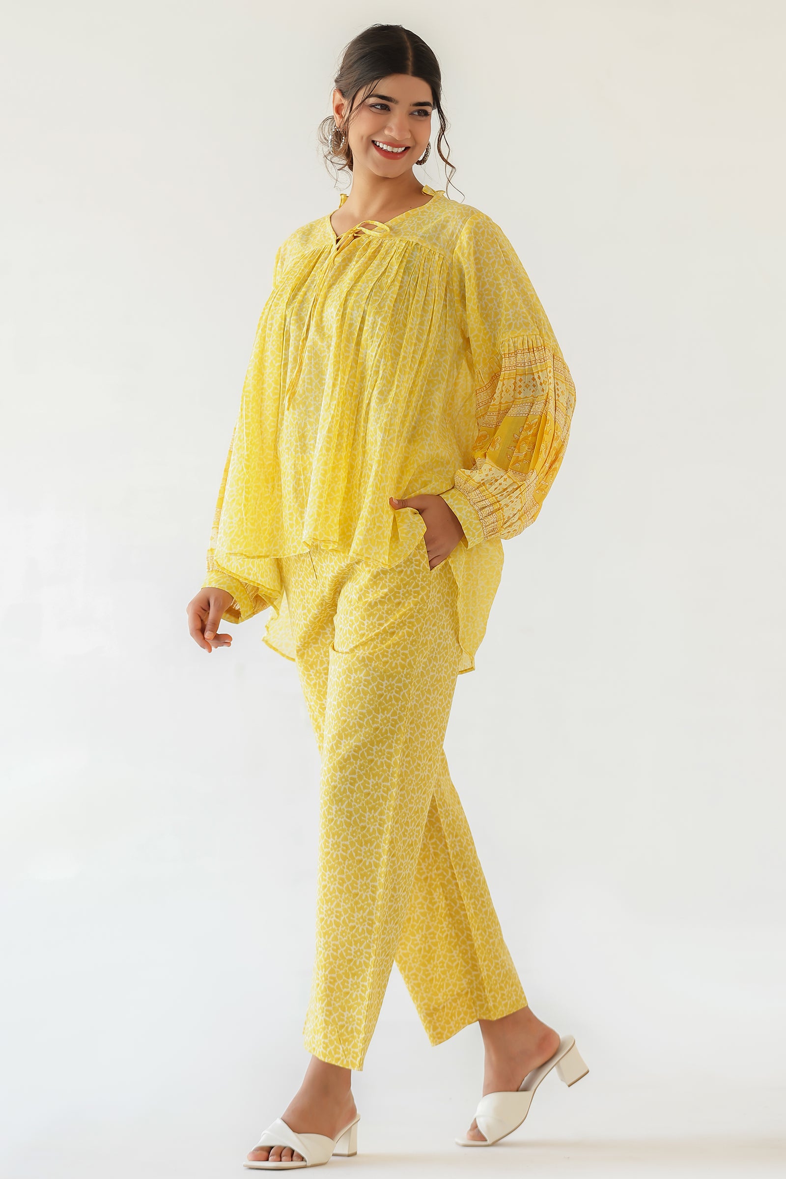 SURYA YELLOW MULMUL AND COTTON CO-ORD SET