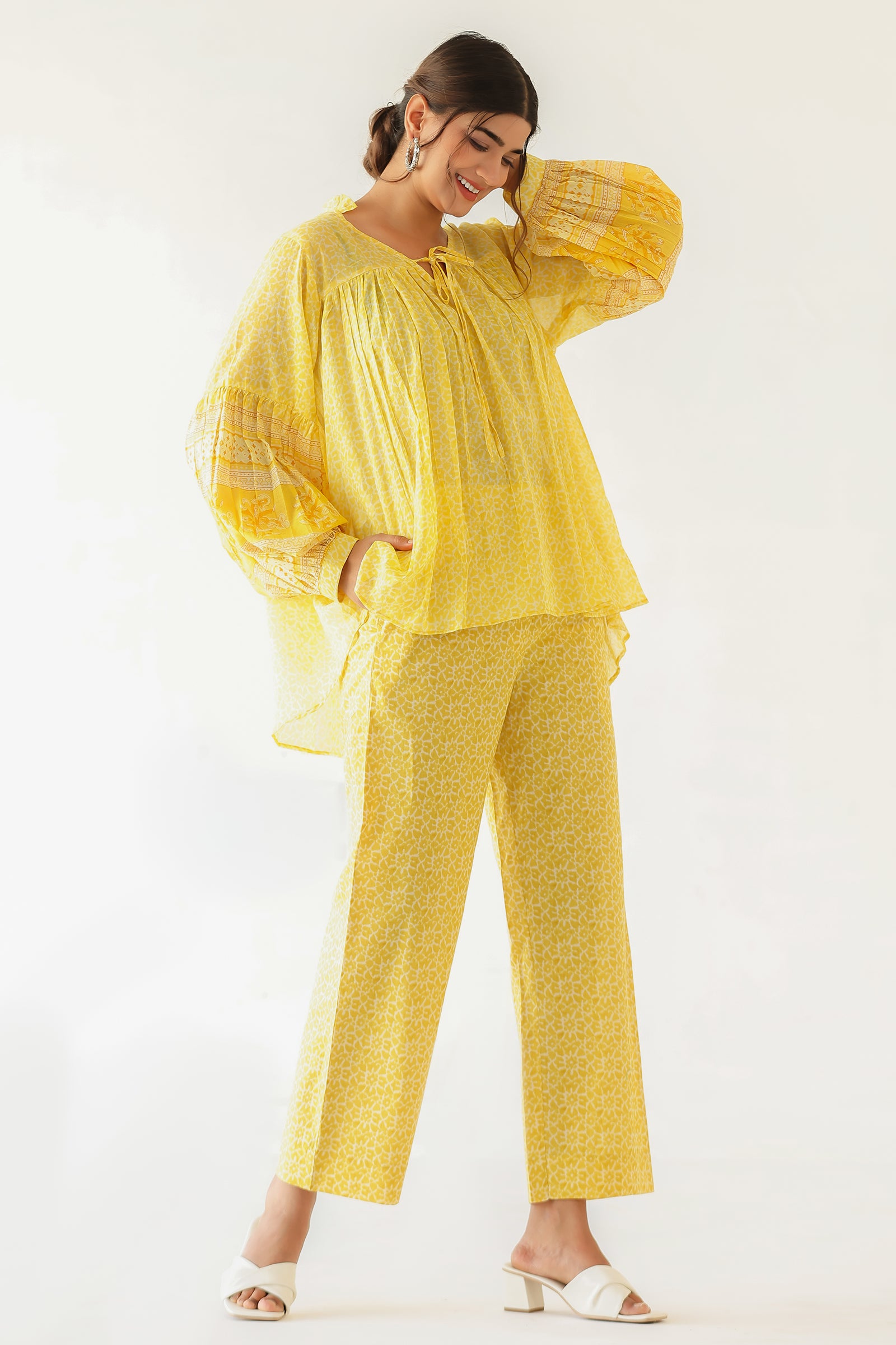 SURYA YELLOW MULMUL AND COTTON CO-ORD SET