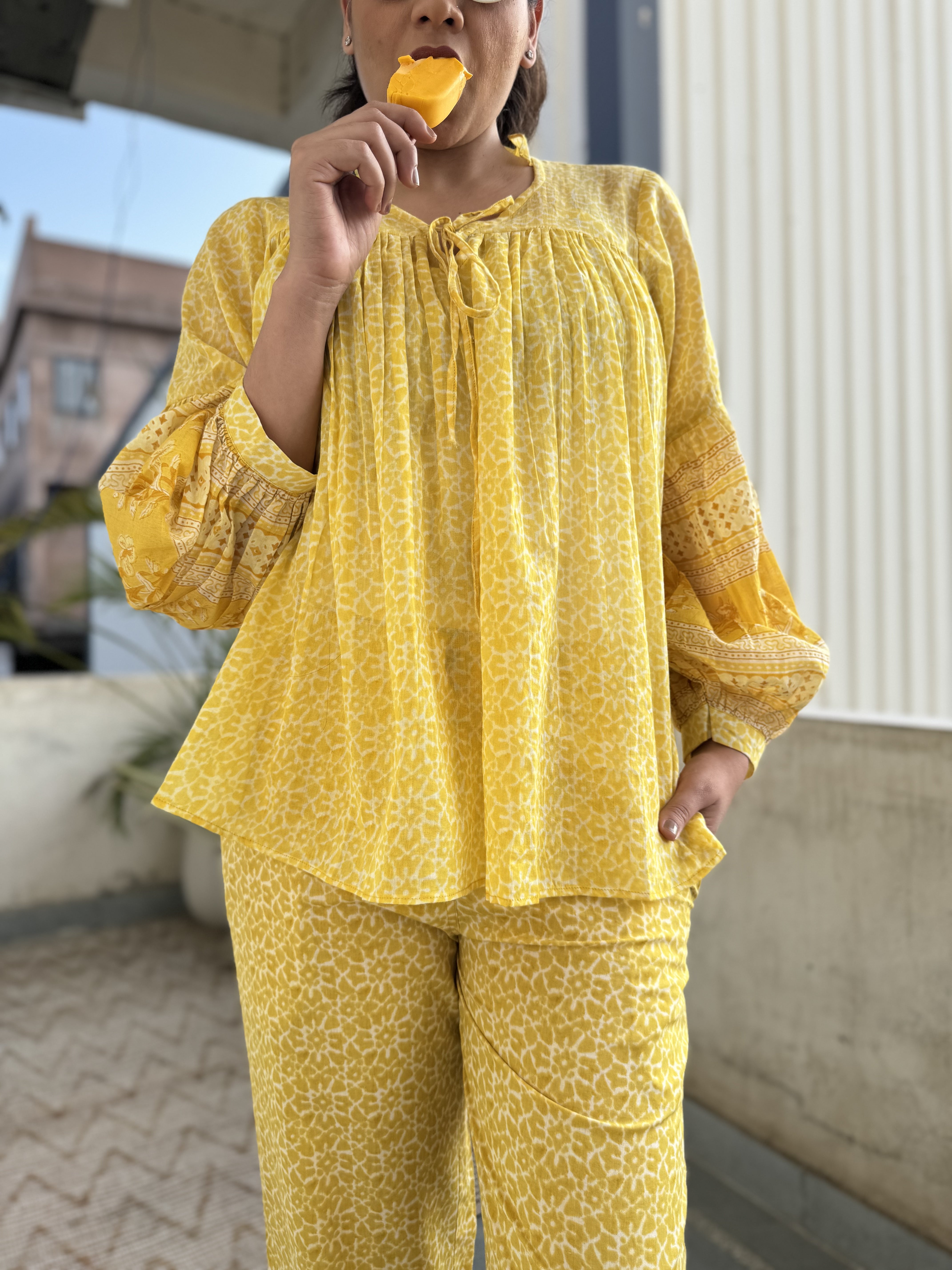 SURYA YELLOW MULMUL AND COTTON CO-ORD SET