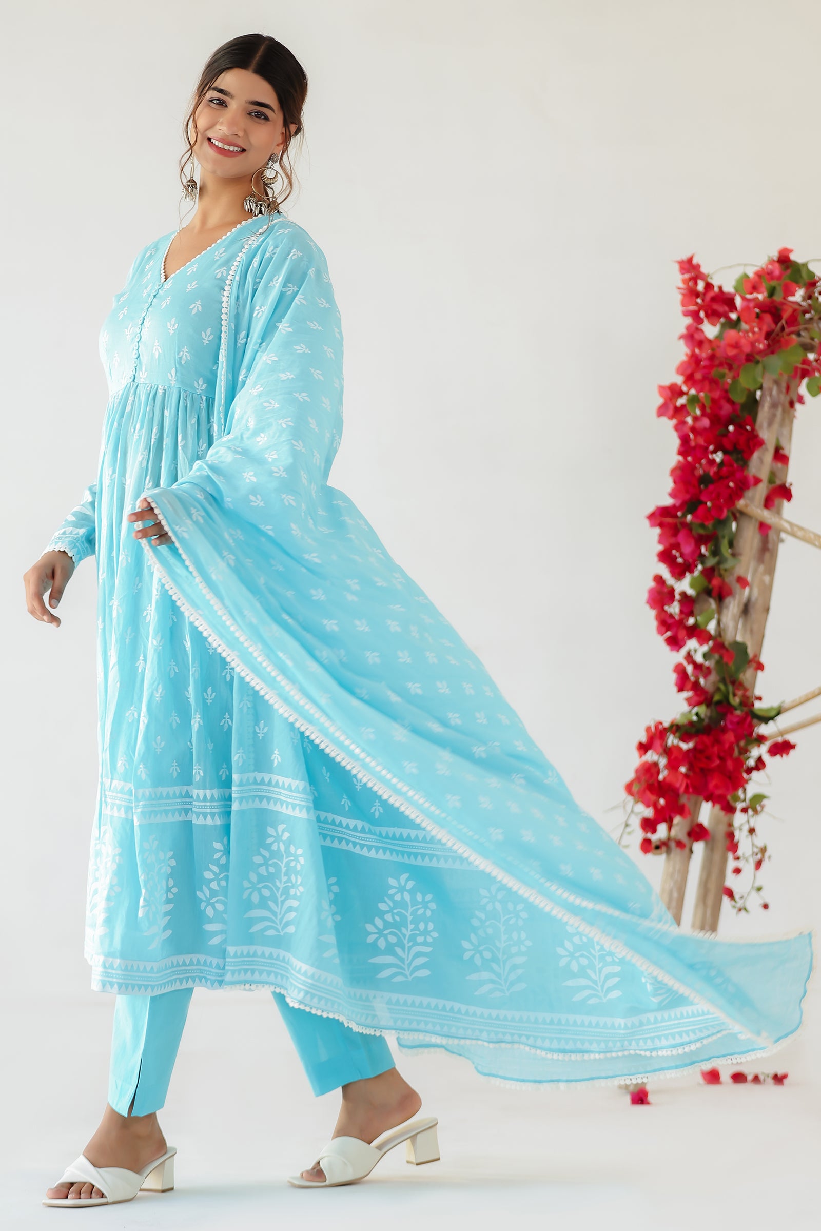 MAITREE ICE BLUE MULMUL ANARKALI SET (RTS)