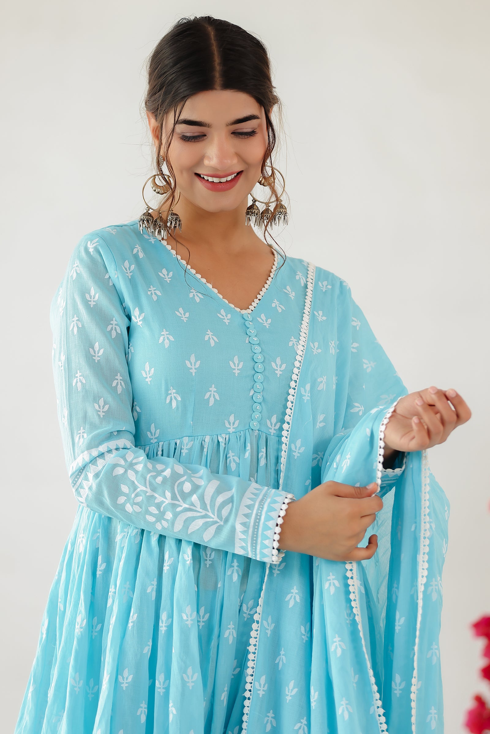 MAITREE ICE BLUE MULMUL ANARKALI SET