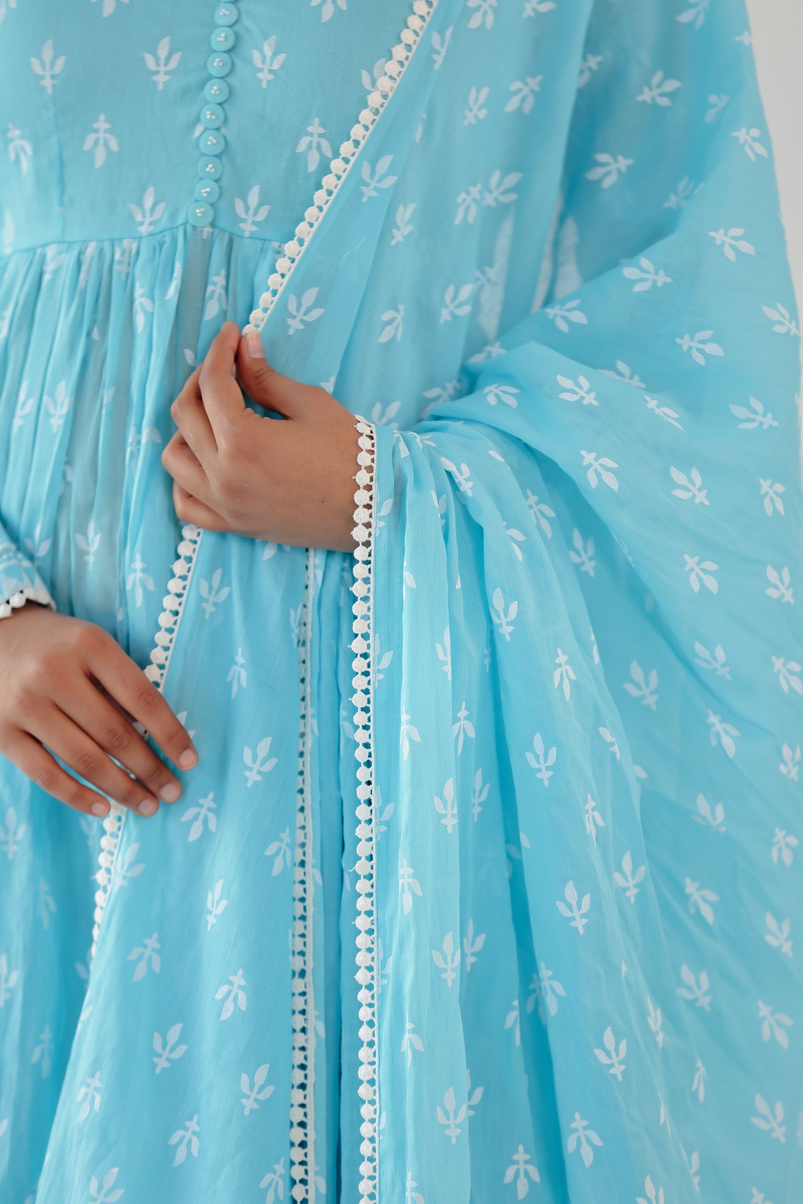 MAITREE ICE BLUE MULMUL ANARKALI SET