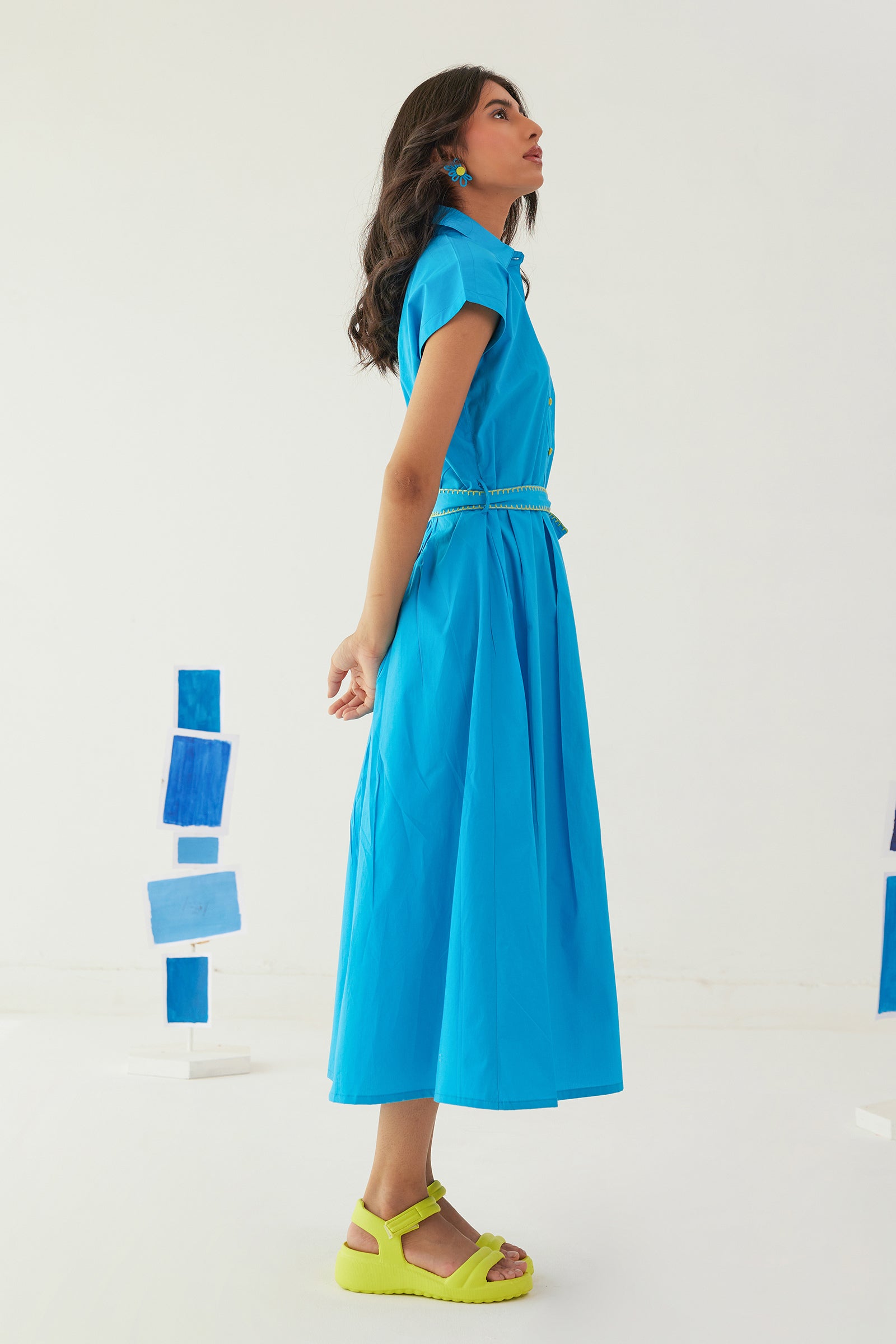 FROST BLUE POPLIN SHIRT DRESS WITH EMBROIDERED BELT