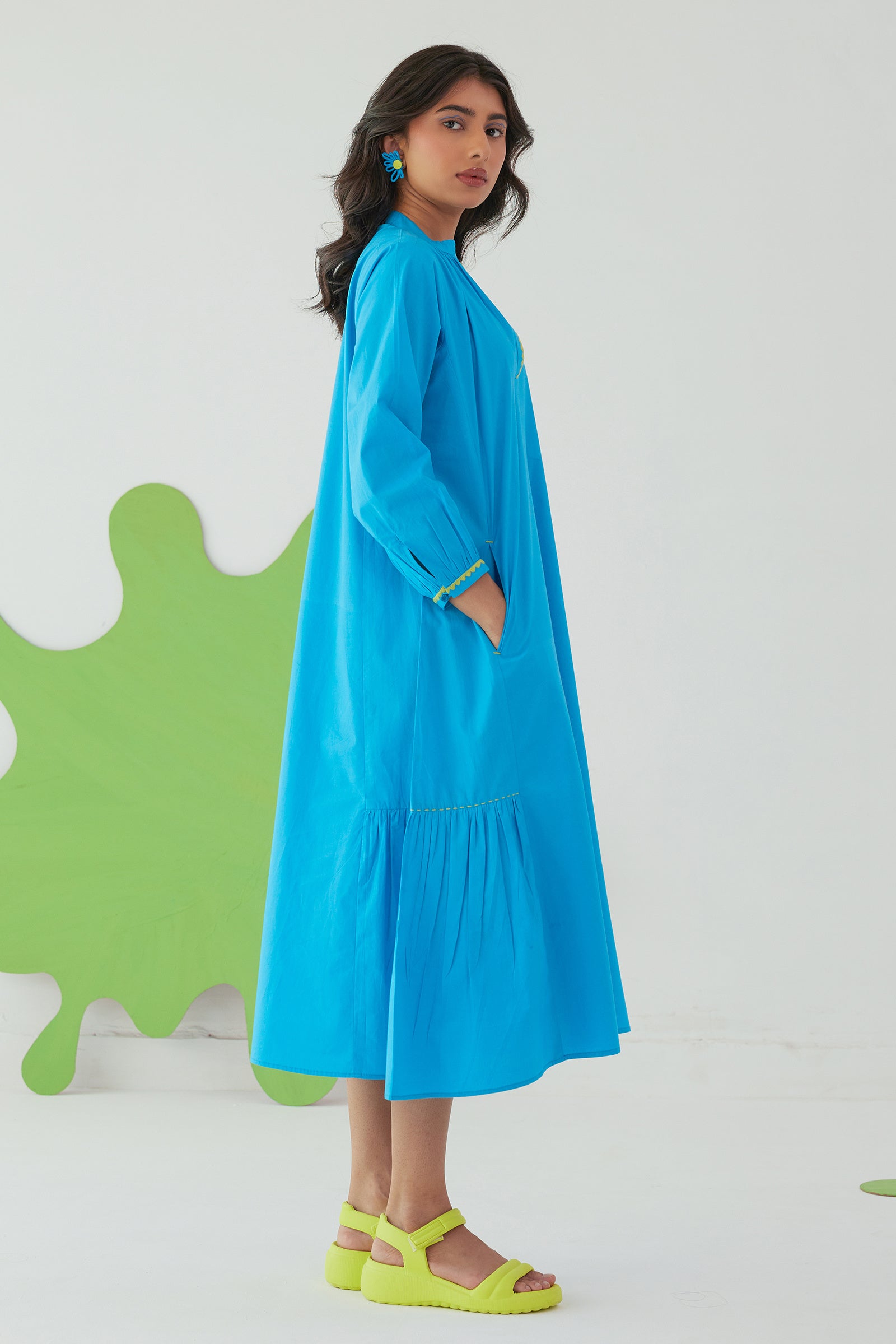 LAGOON BLUE POPLIN CALF LENGTH DRESS